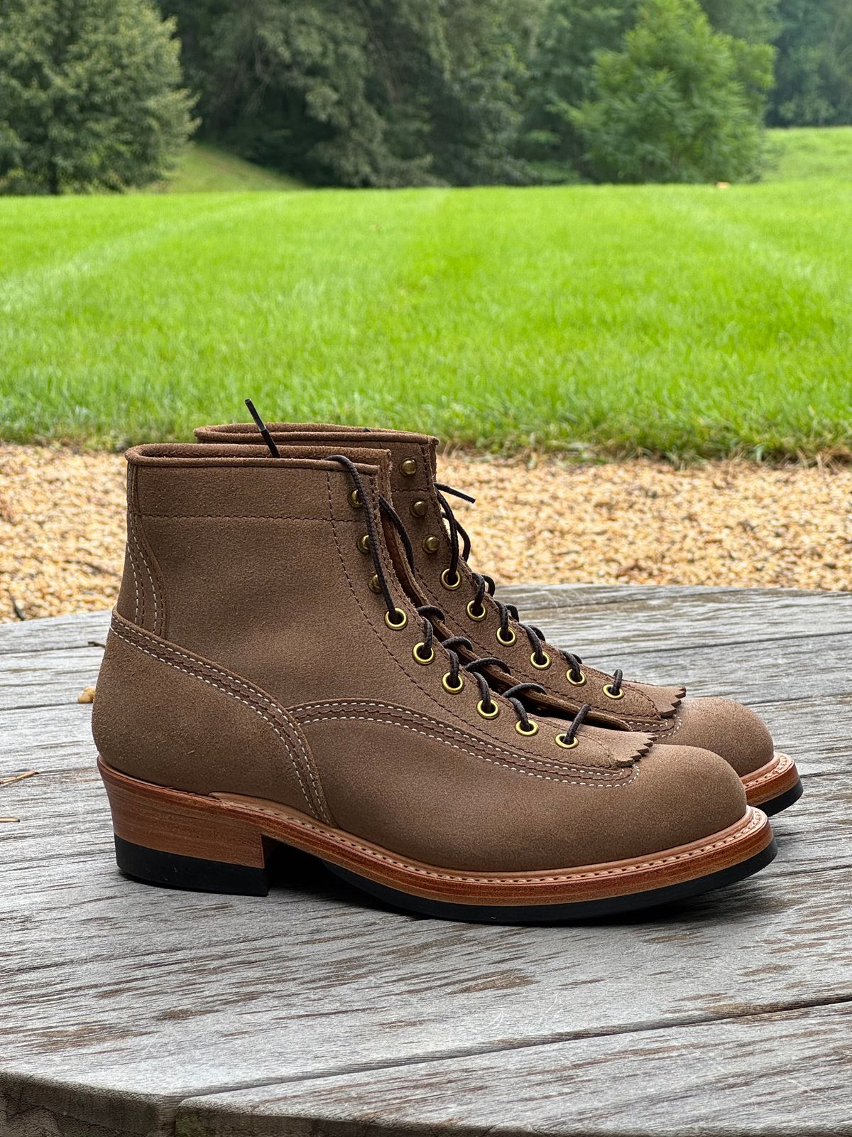 Photo by Gumby on July 10, 2025 of the John Lofgren Donkey Puncher Boots in Horween Natural Chromexcel Roughout.