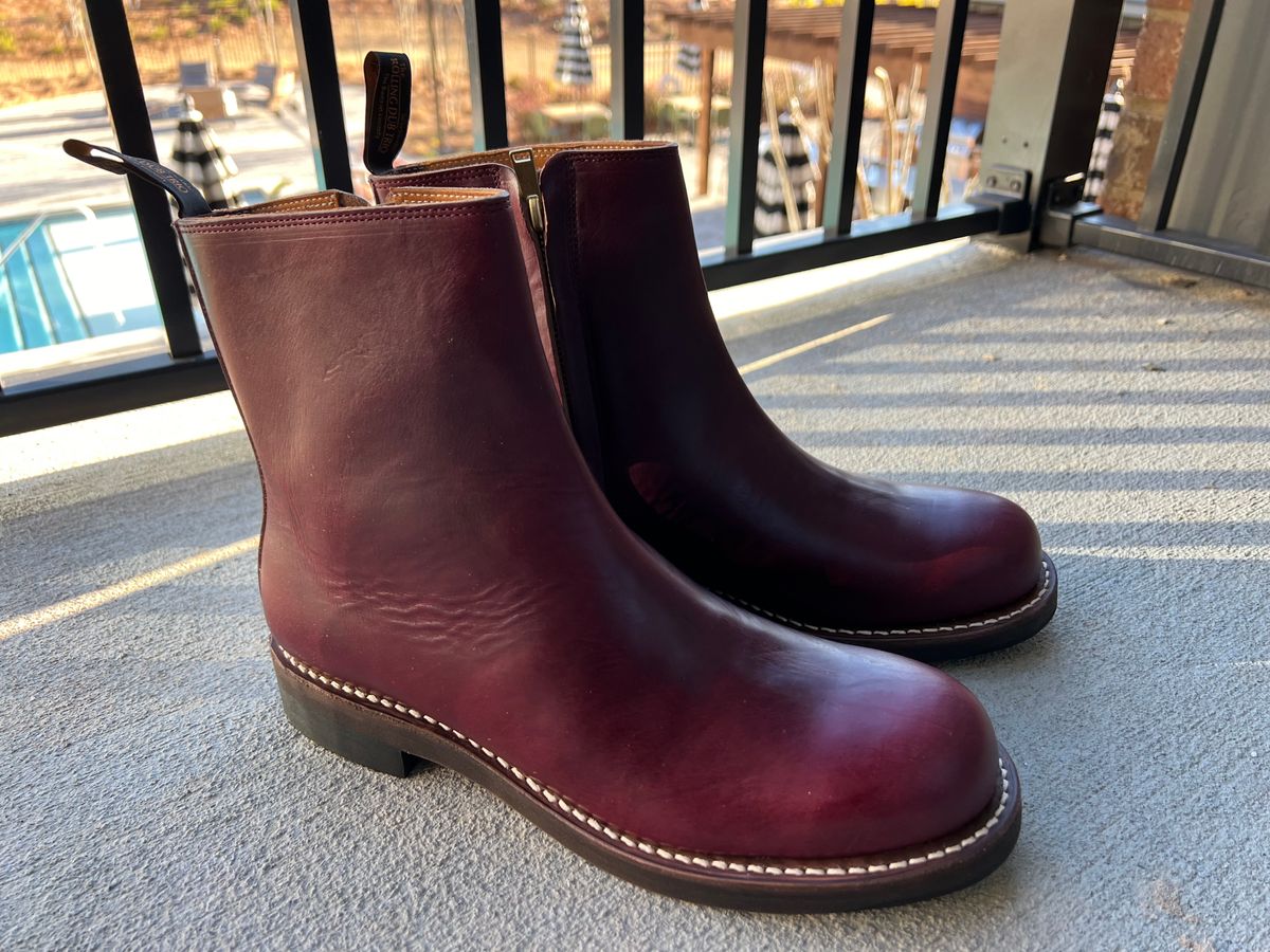 Photo by GooseInBoots on February 13, 2024 of the Rolling Dub Trio Casper Boot in Horween Burgundy Chromexcel.
