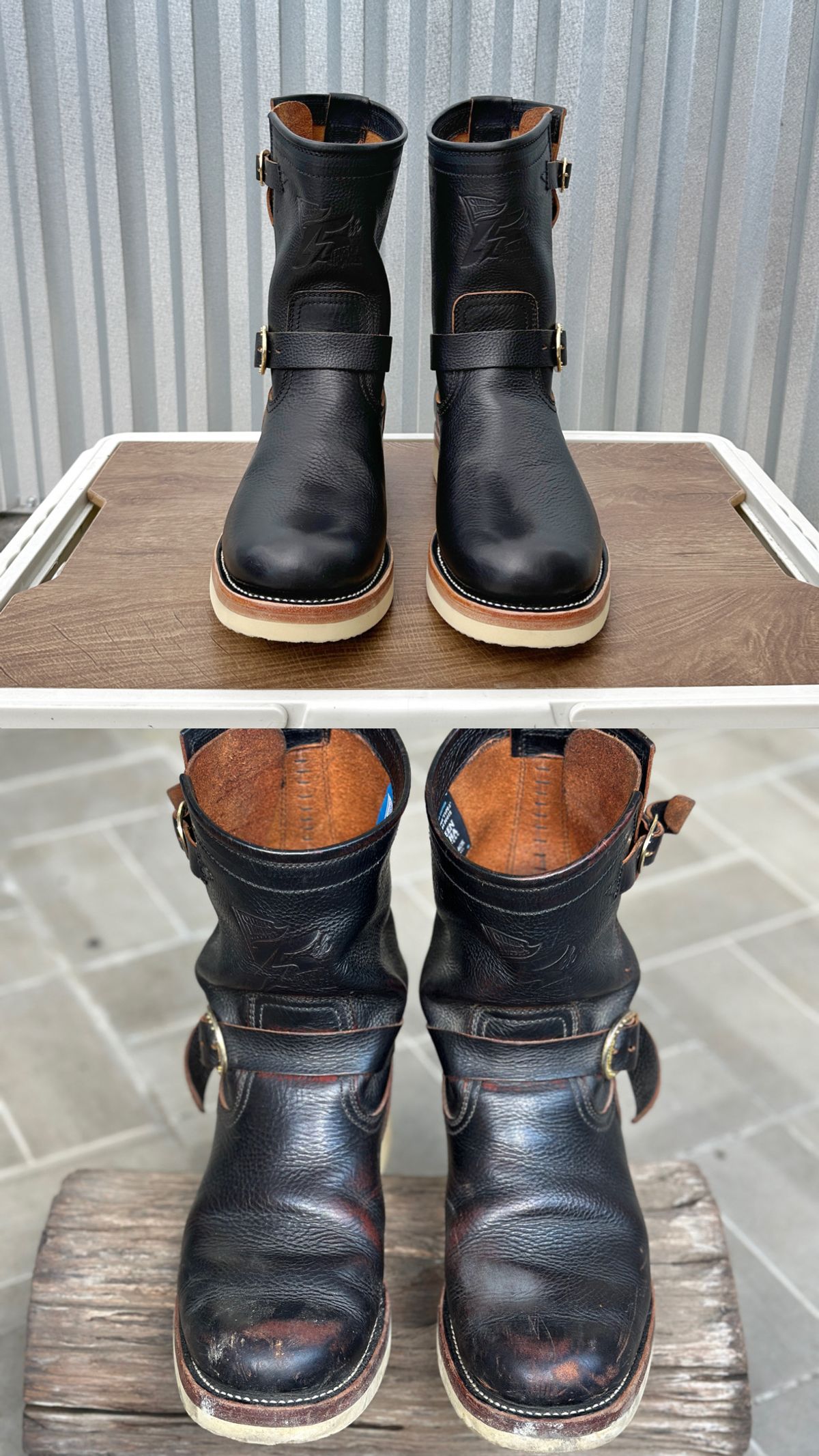 Photo by juliusagungs on November 1, 2025 of the Briselblack Enginner Boots Queen Lekha X Briselblack in Badalassi Carlo overdyed.