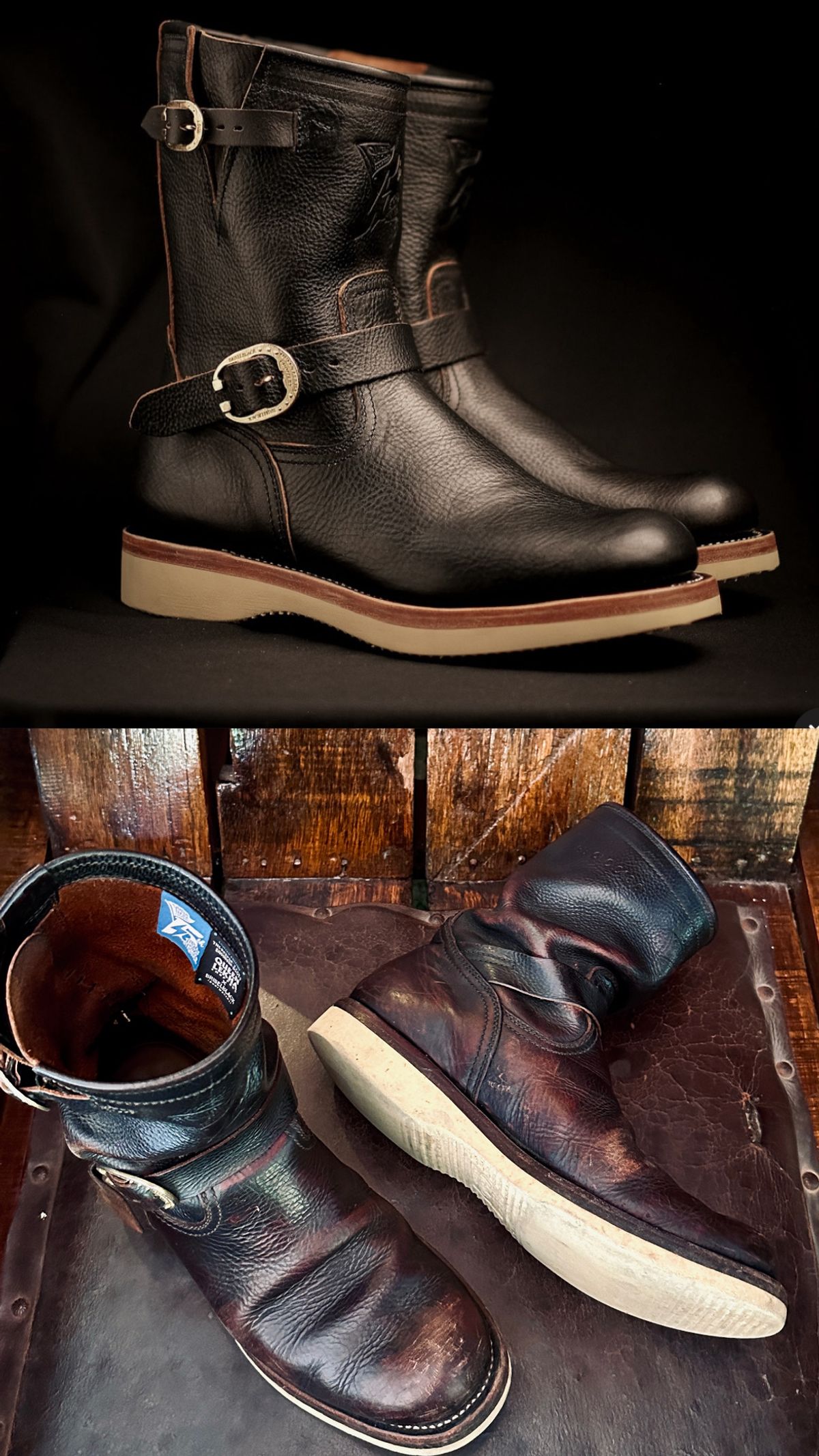 Photo by juliusagungs on April 5, 2026 of the Briselblack Enginner Boots Queen Lekha X Briselblack in Badalassi Carlo overdyed.