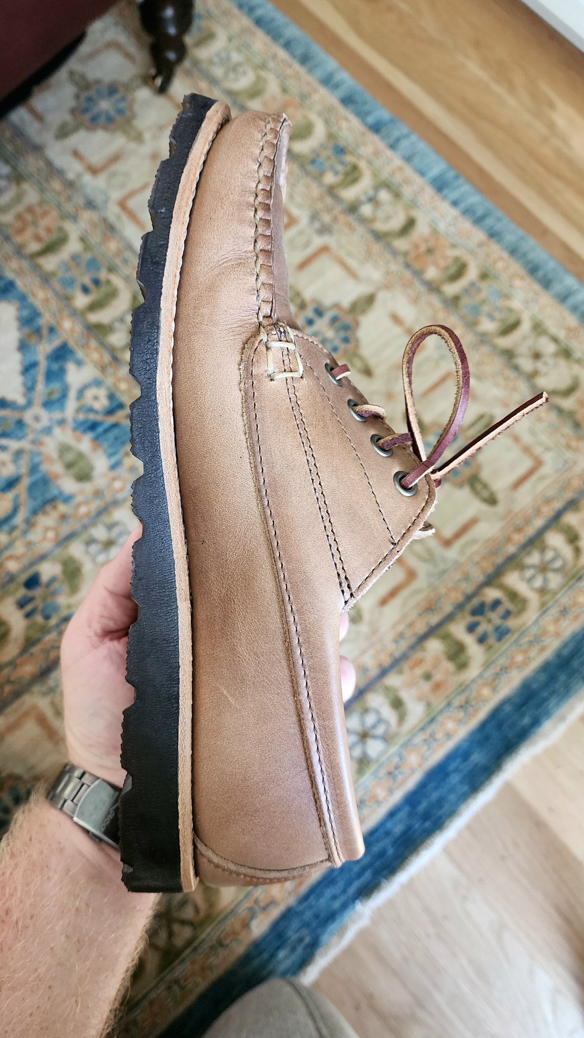 Photo by Janbiya on June 5, 2025 of the Rancourt & Co. Baxter Ranger Moc in Horween Natural Chromexcel.