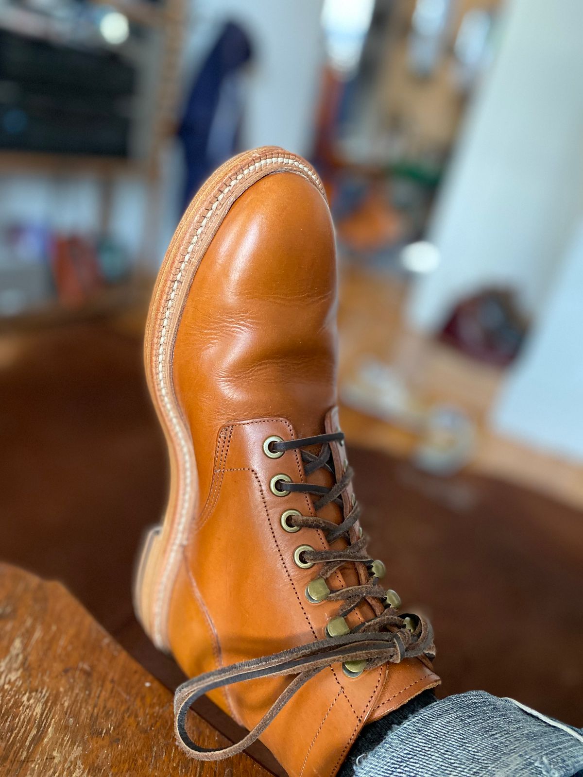 Photo by BuckinghamGreen on December 20, 2025 of the Grant Stone Diesel Boot in Badalassi Carlo Saddle Tan Minerva.