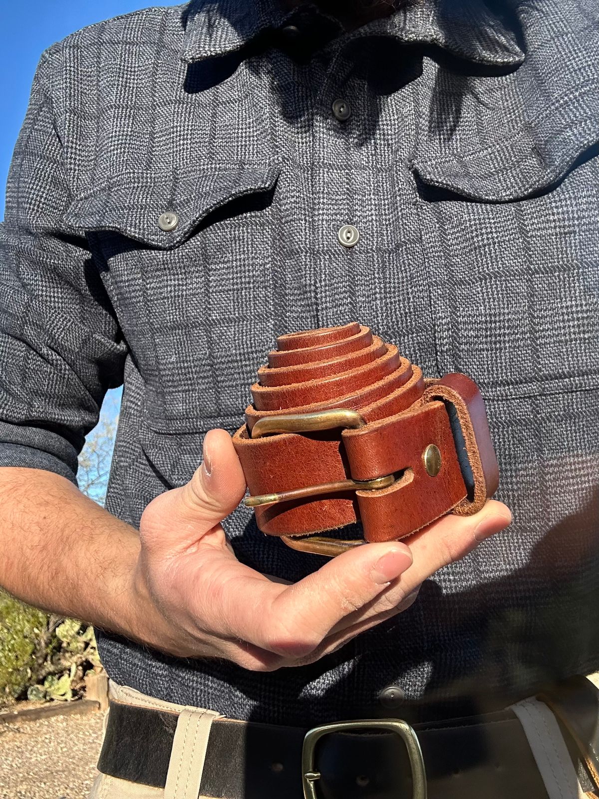 Photo by AndrewsBoots on February 1, 2026 of the Homestead Brand Essential Leather Belt No. 1508 in Distressed Brown Full Grain USA Tanned Latigo.