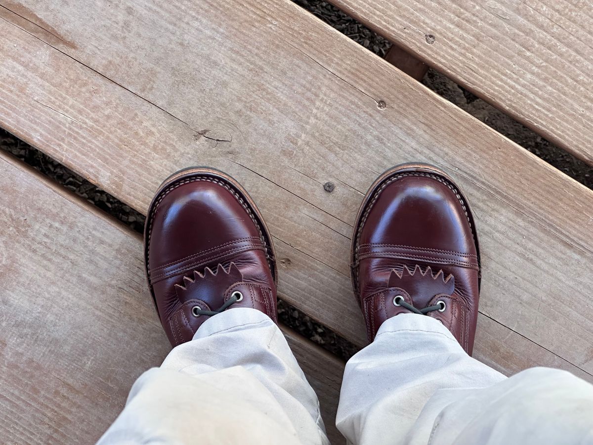 Photo by AndrewsBoots on October 24, 2025 of the Drew's Boots 8-inch Contractor Toe Cap in Brown Cyclone.