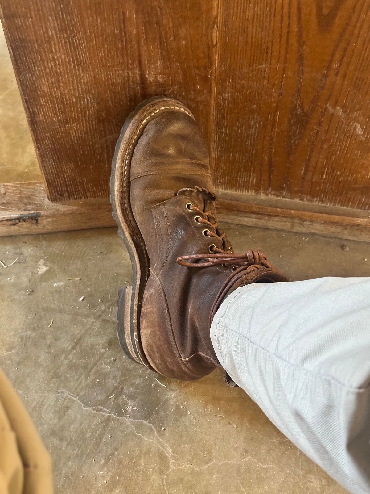 Photo by AndrewsBoots on December 8, 2025 of the White's Custom Model in Horween Cinnamon Waxed Flesh.