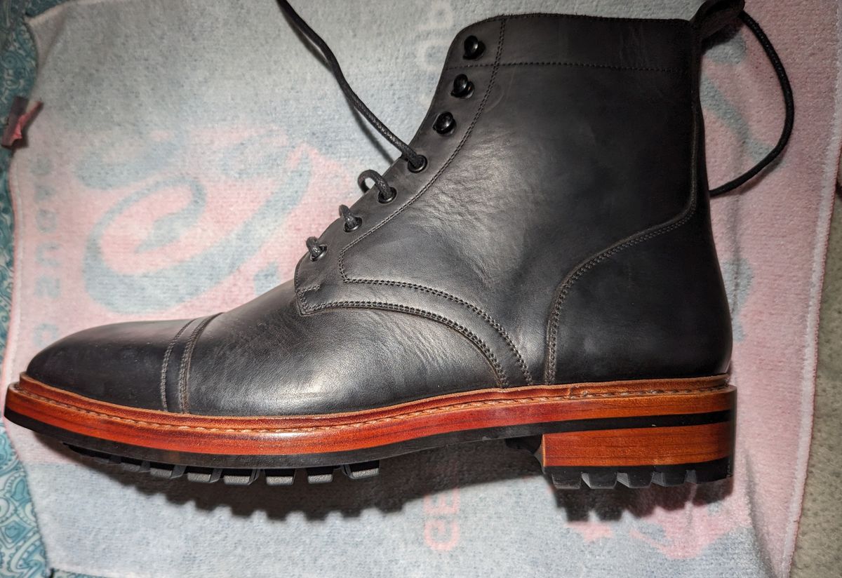Photo by cowcrapper on March 19, 2024 of the Blkbrd Shoemaker Dixon Cap Toe Derby Boot in Black Pullup.