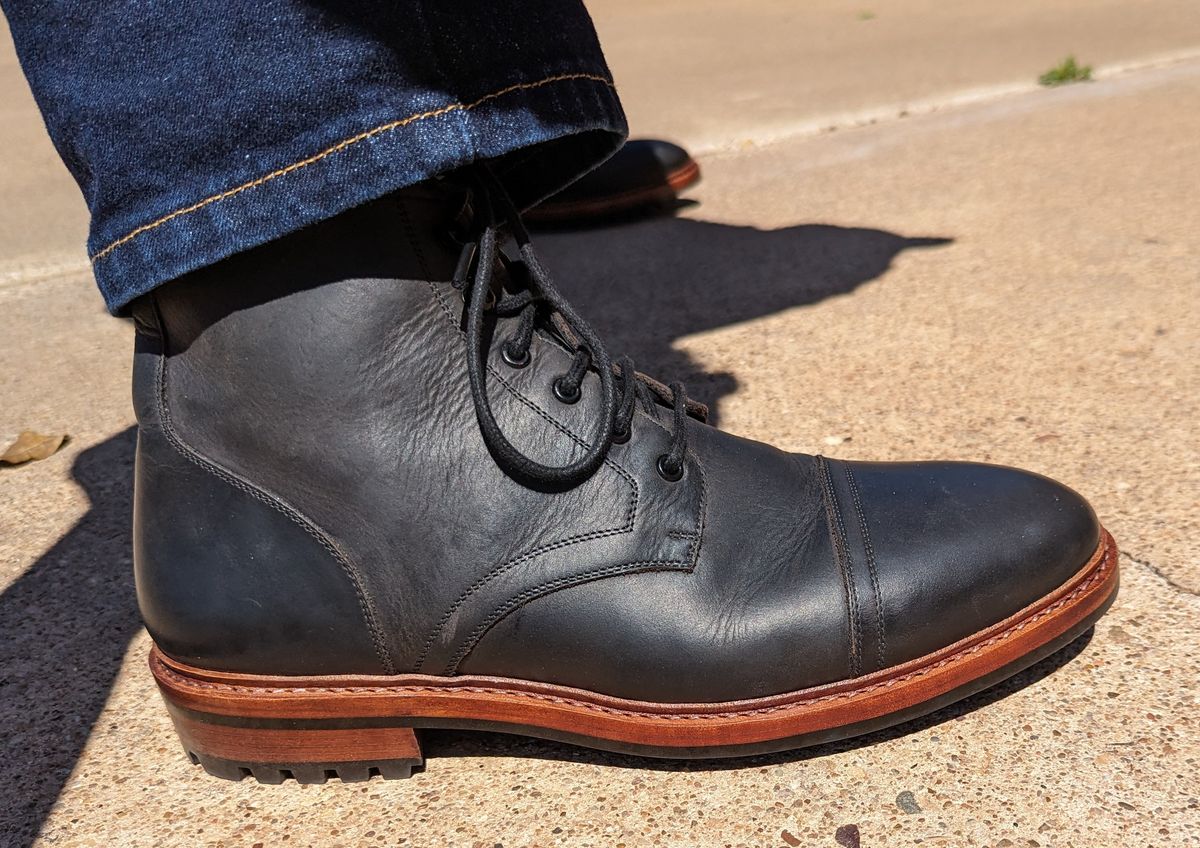 Photo by cowcrapper on March 26, 2024 of the Blkbrd Shoemaker Dixon Cap Toe Derby Boot in Black Pullup.