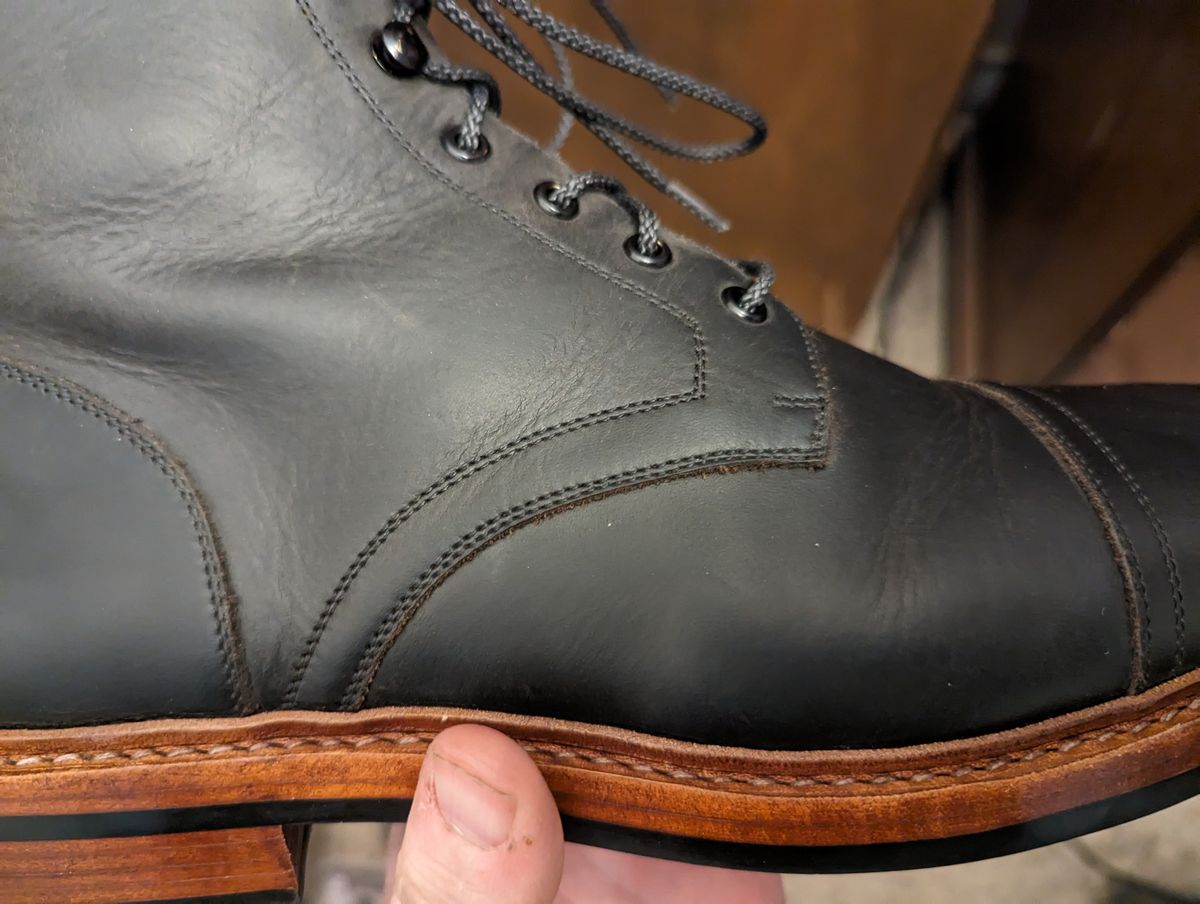 Photo by cowcrapper on April 11, 2024 of the Blkbrd Shoemaker Dixon Cap Toe Derby Boot in Black Pullup.