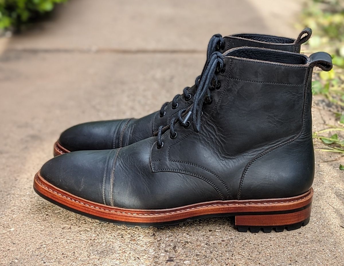 Photo by cowcrapper on April 5, 2024 of the Blkbrd Shoemaker Dixon Cap Toe Derby Boot in Black Pullup.
