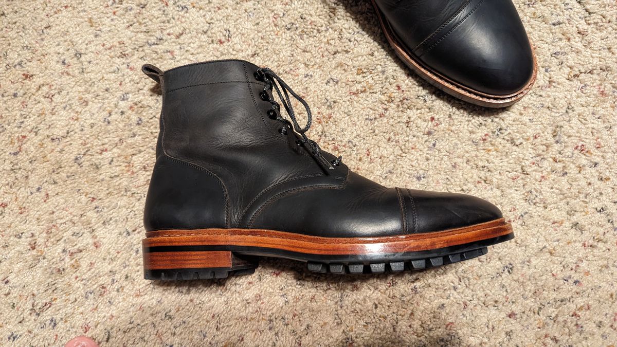 Photo by cowcrapper on April 24, 2024 of the Blkbrd Shoemaker Dixon Cap Toe Derby Boot in Black Pullup.