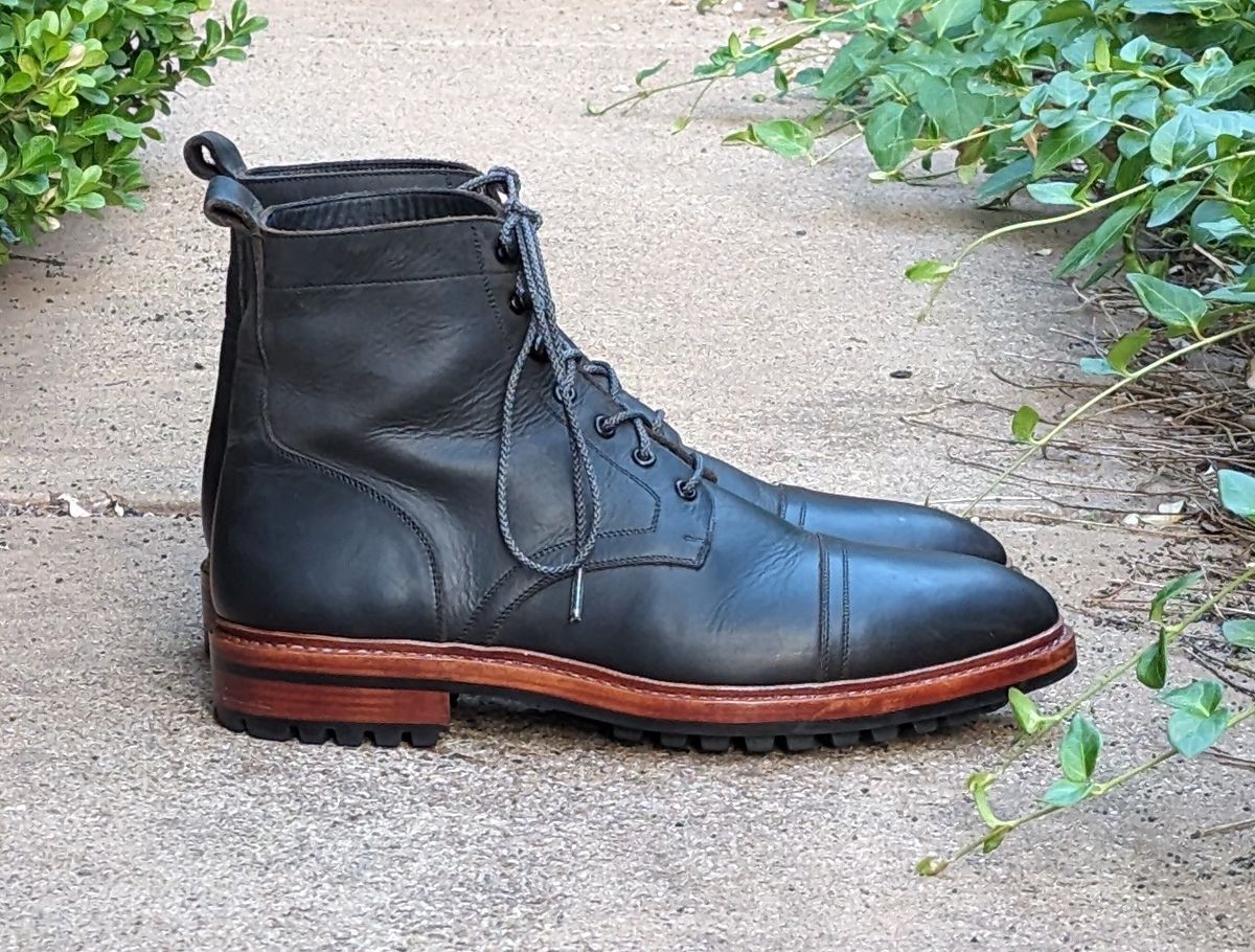 Photo by cowcrapper on May 6, 2024 of the Blkbrd Shoemaker Dixon Cap Toe Derby Boot in Black Pullup.