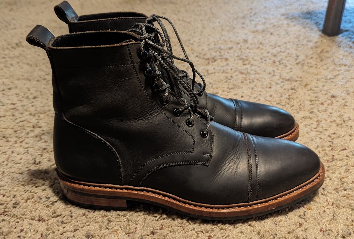 Photo by cowcrapper on May 24, 2024 of the Blkbrd Shoemaker Dixon Cap Toe Derby Boot in Black Pullup.