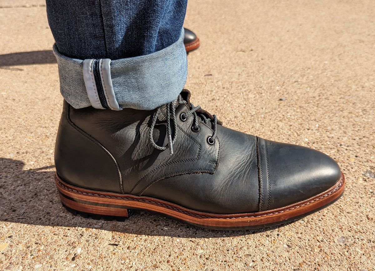 Photo by cowcrapper on May 24, 2024 of the Blkbrd Shoemaker Dixon Cap Toe Derby Boot in Black Pullup.