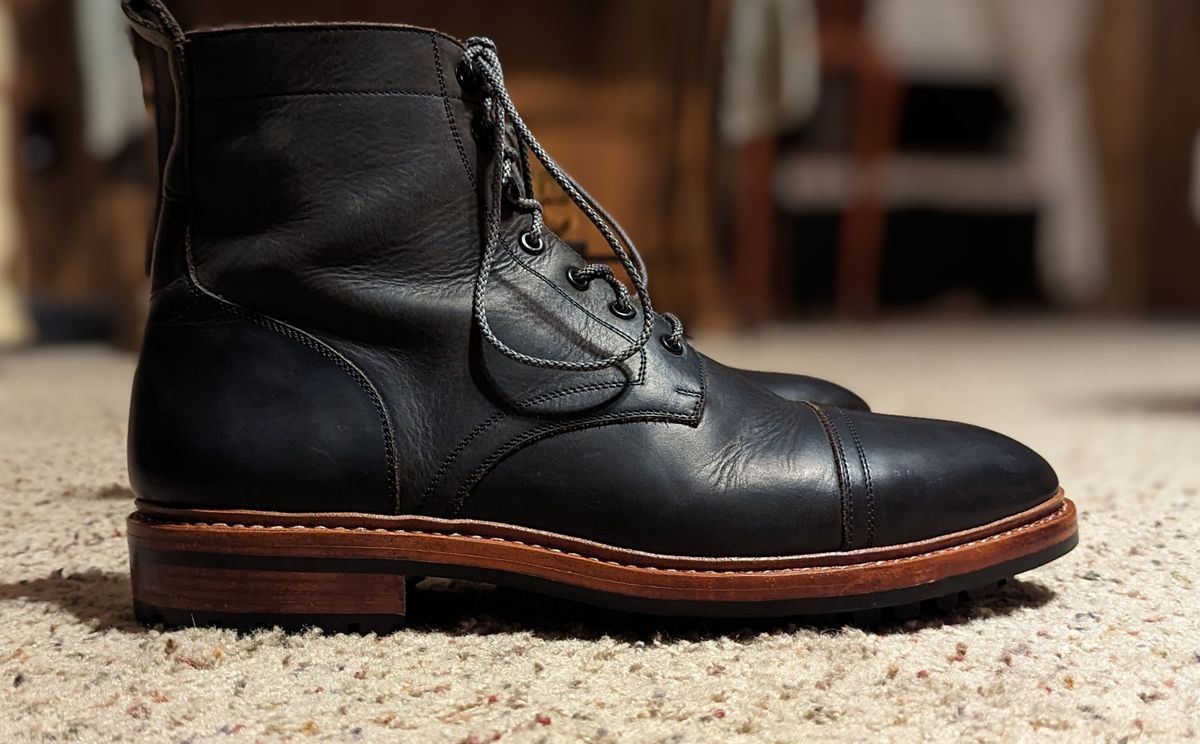 Photo by cowcrapper on June 4, 2024 of the Blkbrd Shoemaker Dixon Cap Toe Derby Boot in Black Pullup.