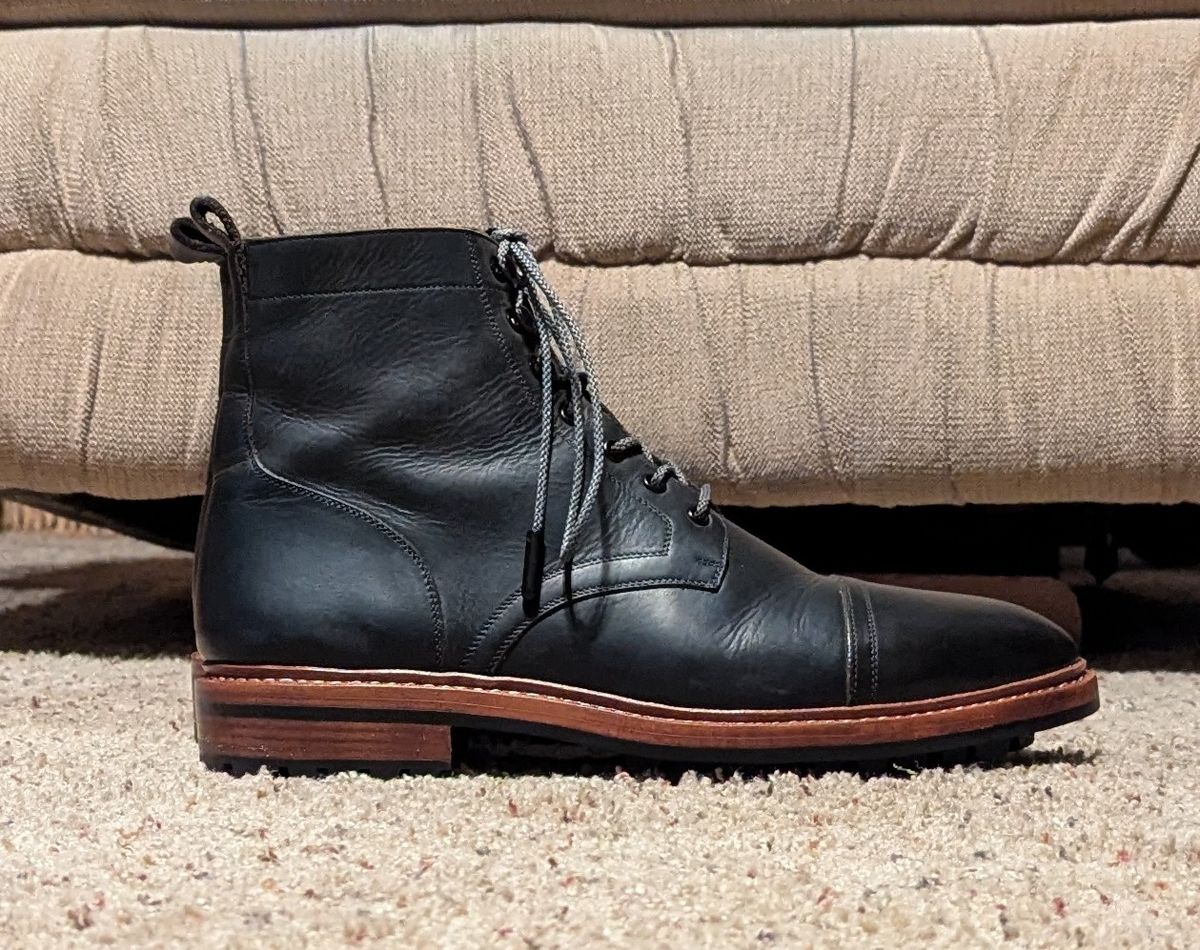 Photo by cowcrapper on August 4, 2024 of the Blkbrd Shoemaker Dixon Cap Toe Derby Boot in Black Pullup.