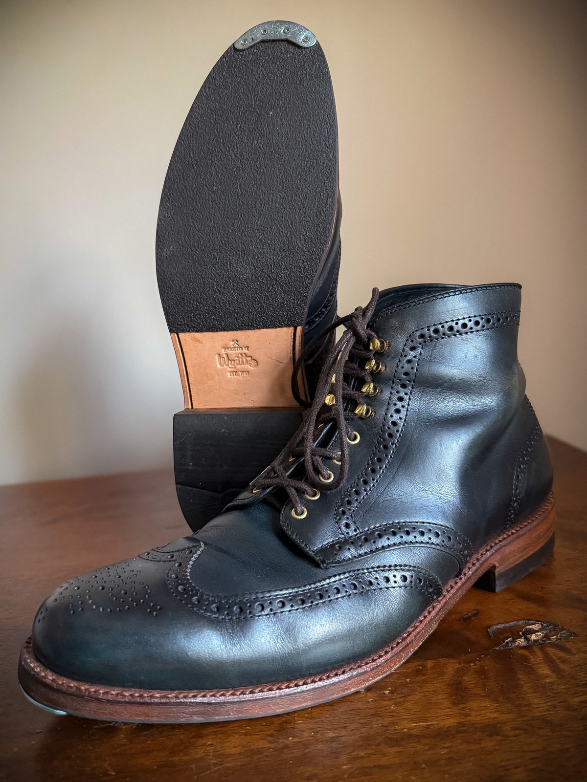 Photo by MaticEsq on March 6, 2026 of the Alden Wingtip Boot in Horween Navy Chromexcel.
