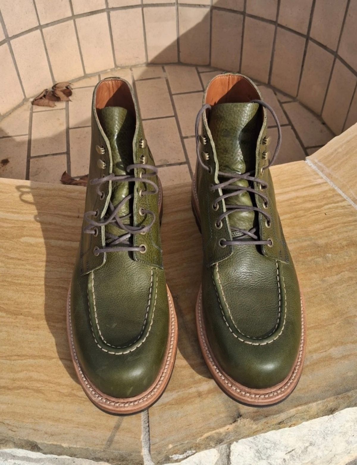 Photo by MaticEsq on November 25, 2025 of the Grant Stone Brass Boot in Badalassi Carlo Olive Green Minerva.