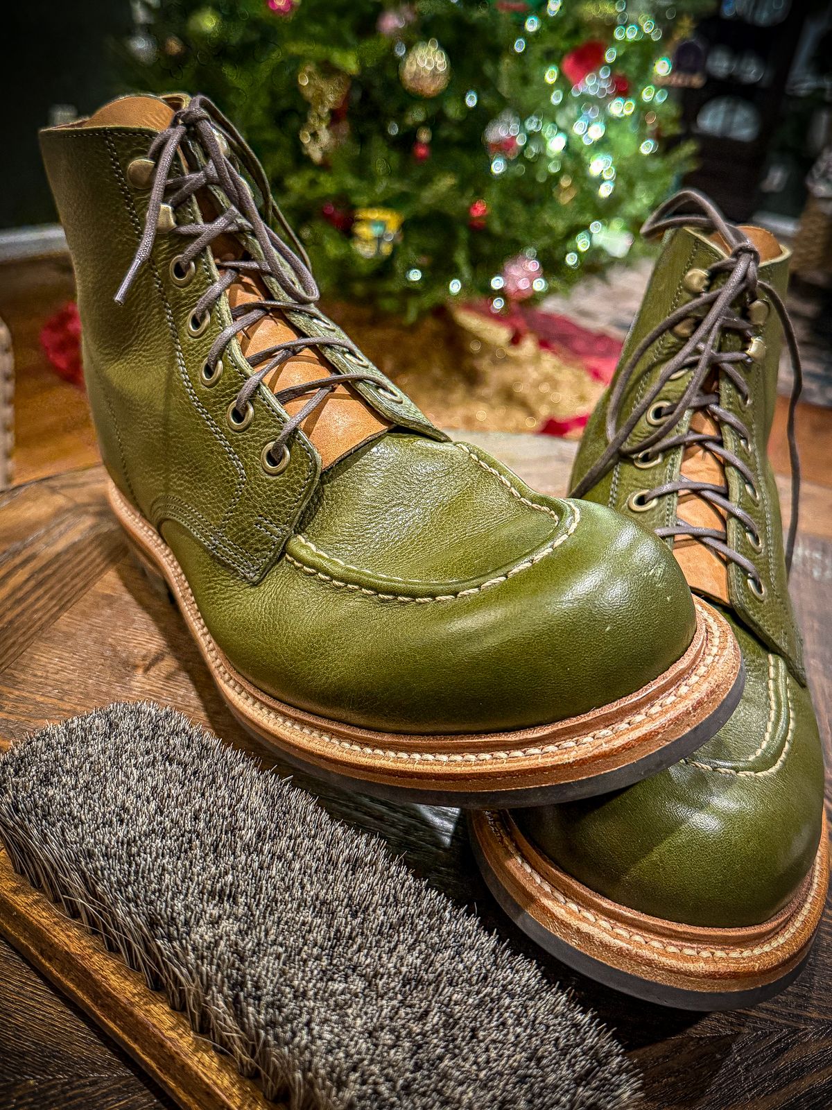 Photo by MaticEsq on November 30, 2025 of the Grant Stone Brass Boot in Badalassi Carlo Olive Green Minerva.