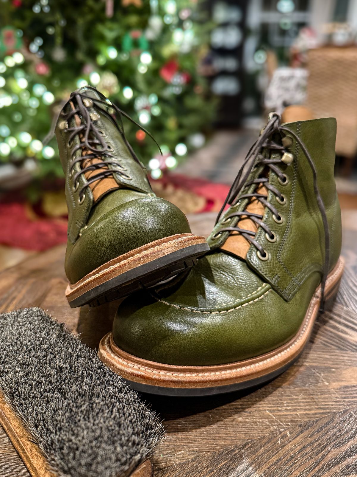 Photo by MaticEsq on November 30, 2025 of the Grant Stone Brass Boot in Badalassi Carlo Olive Green Minerva.
