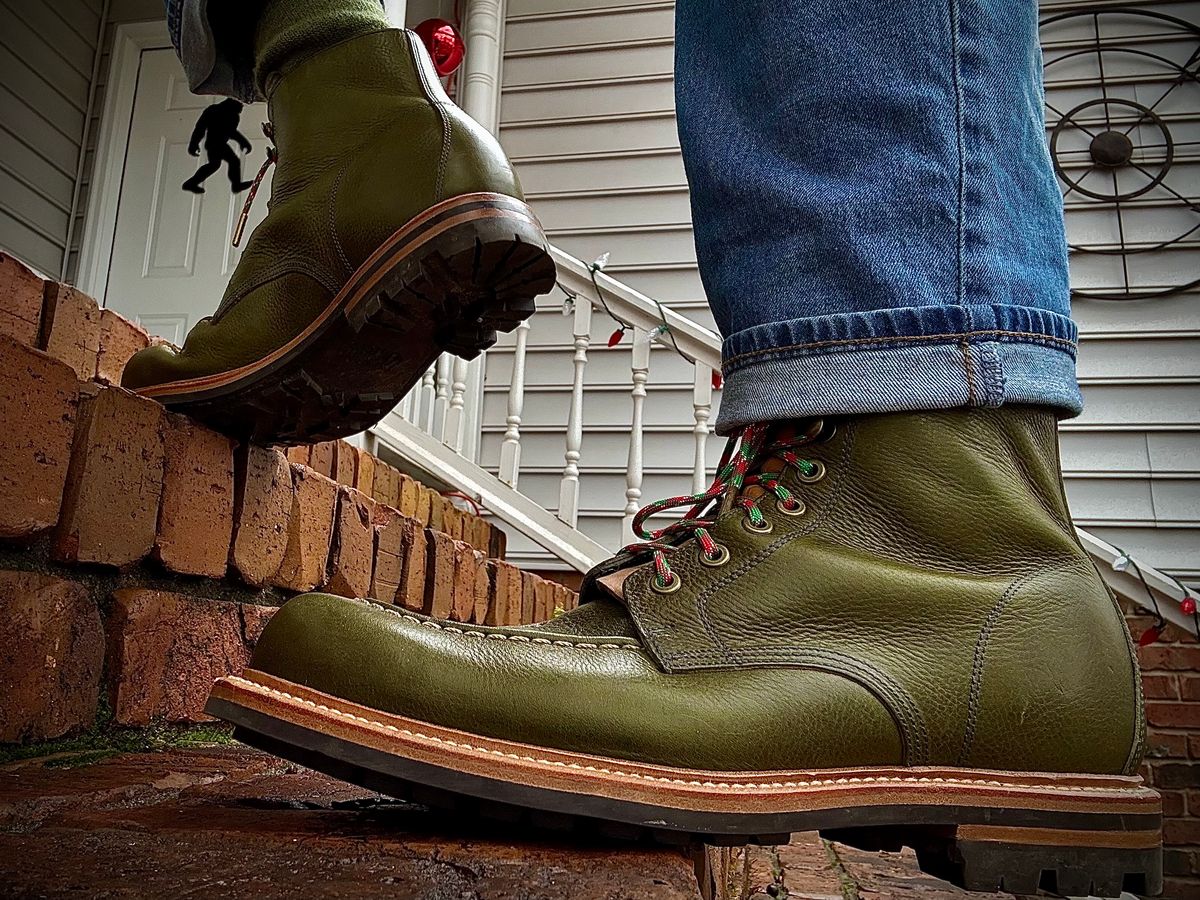 Photo by MaticEsq on November 30, 2025 of the Grant Stone Brass Boot in Badalassi Carlo Olive Green Minerva.