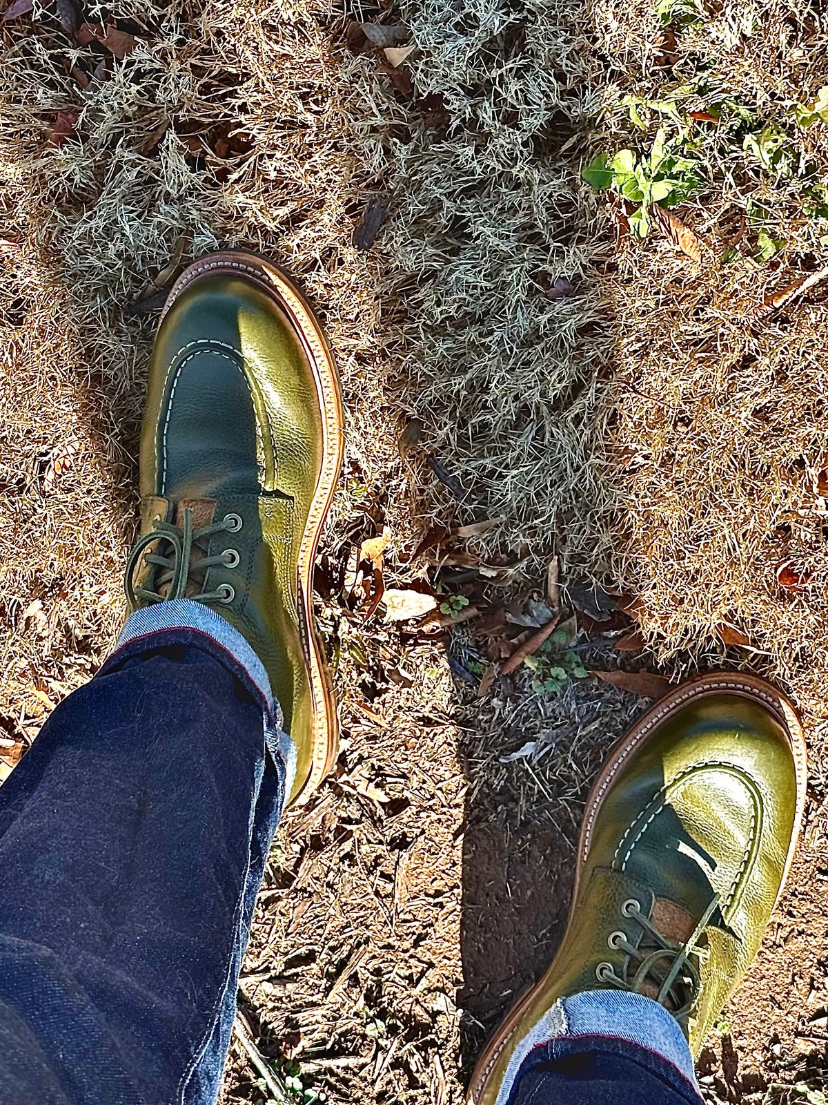 Photo by MaticEsq on December 20, 2025 of the Grant Stone Brass Boot in Badalassi Carlo Olive Green Minerva.
