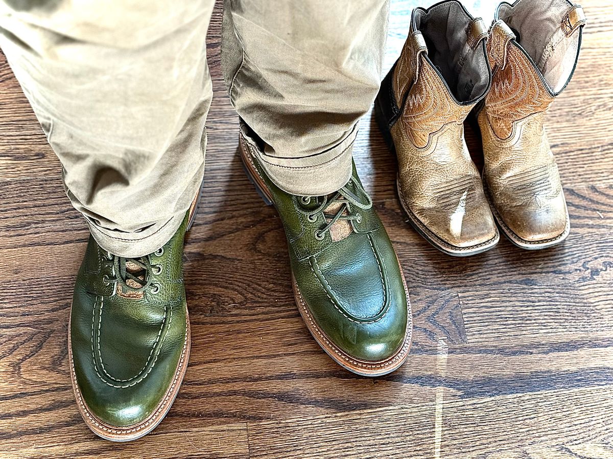 Photo by MaticEsq on January 27, 2026 of the Grant Stone Brass Boot in Badalassi Carlo Olive Green Minerva.