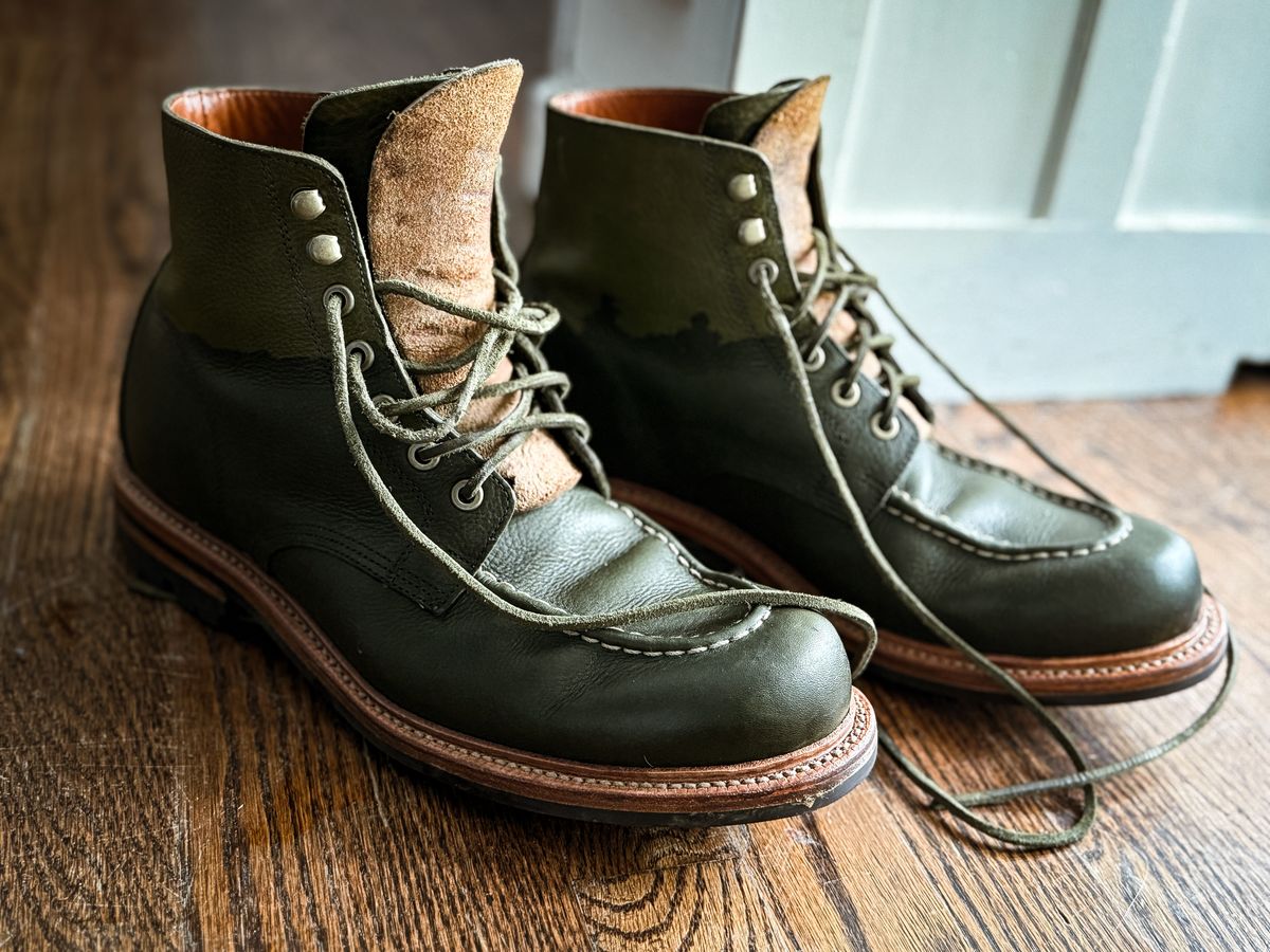 Photo by MaticEsq on January 31, 2026 of the Grant Stone Brass Boot in Badalassi Carlo Olive Green Minerva.