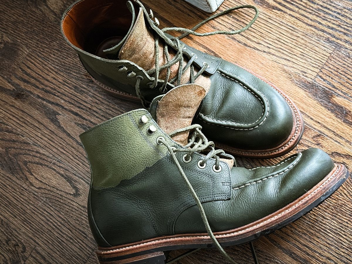 Photo by MaticEsq on January 31, 2026 of the Grant Stone Brass Boot in Badalassi Carlo Olive Green Minerva.