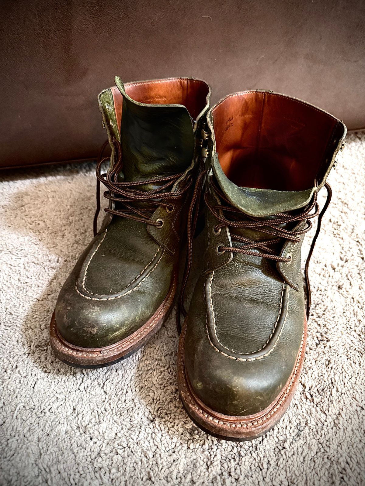 Photo by MaticEsq on April 11, 2026 of the Grant Stone Brass Boot in Badalassi Carlo Olive Green Minerva.