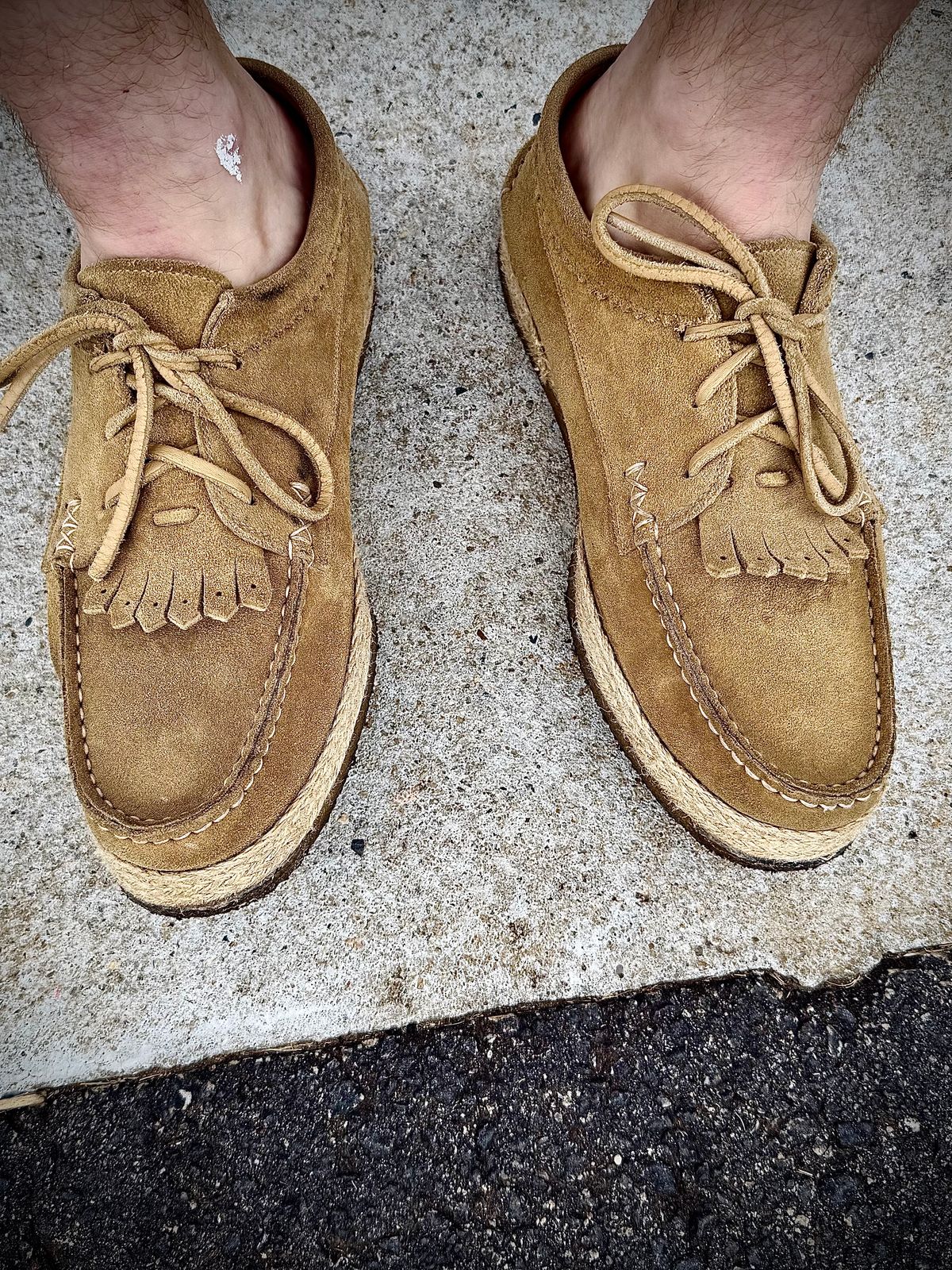 Photo by MaticEsq on April 25, 2026 of the Yuketen Italian Blucher with Kiltie in Tosca Khaki Suede.