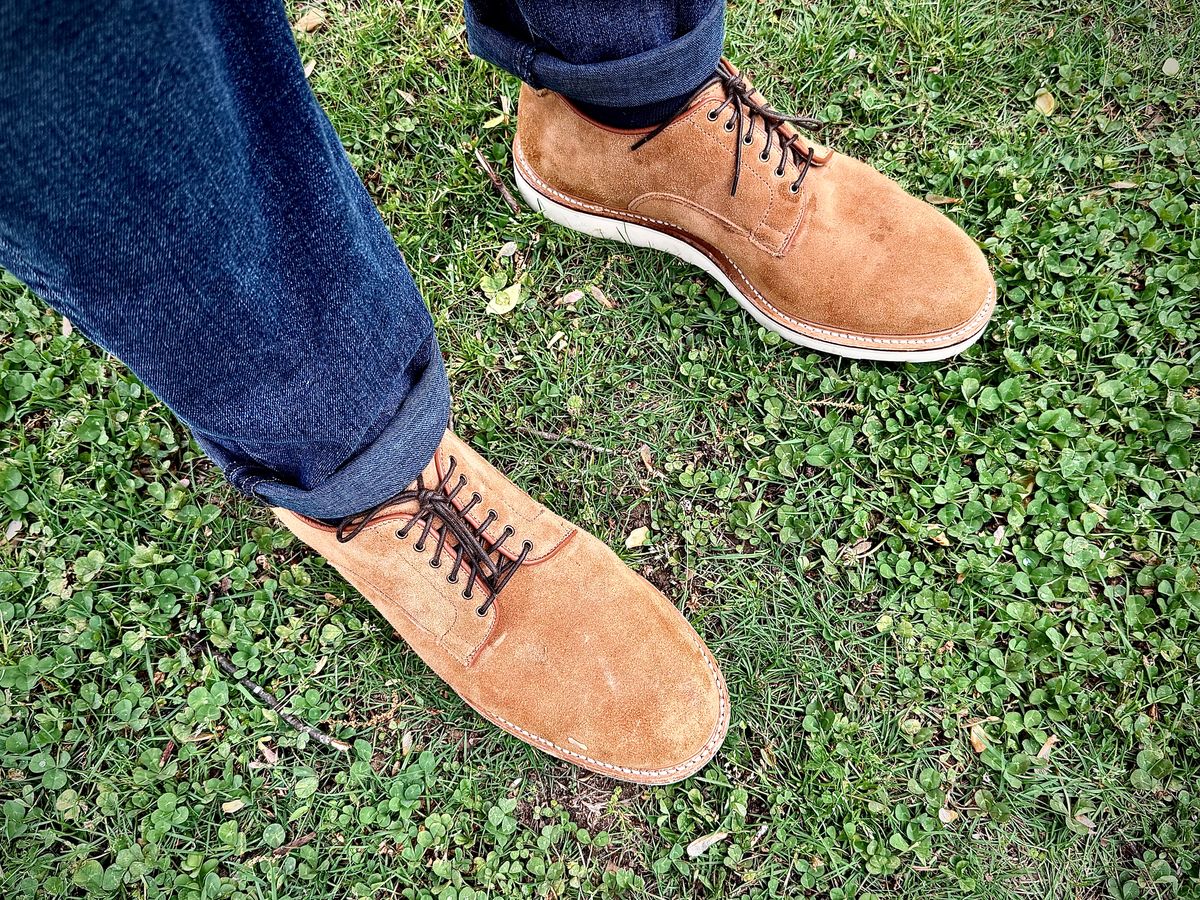 Photo by MaticEsq on March 29, 2026 of the Viberg Viberg X Division Road Derby Shoe in C.F. Stead Anise Kudu Reverse.