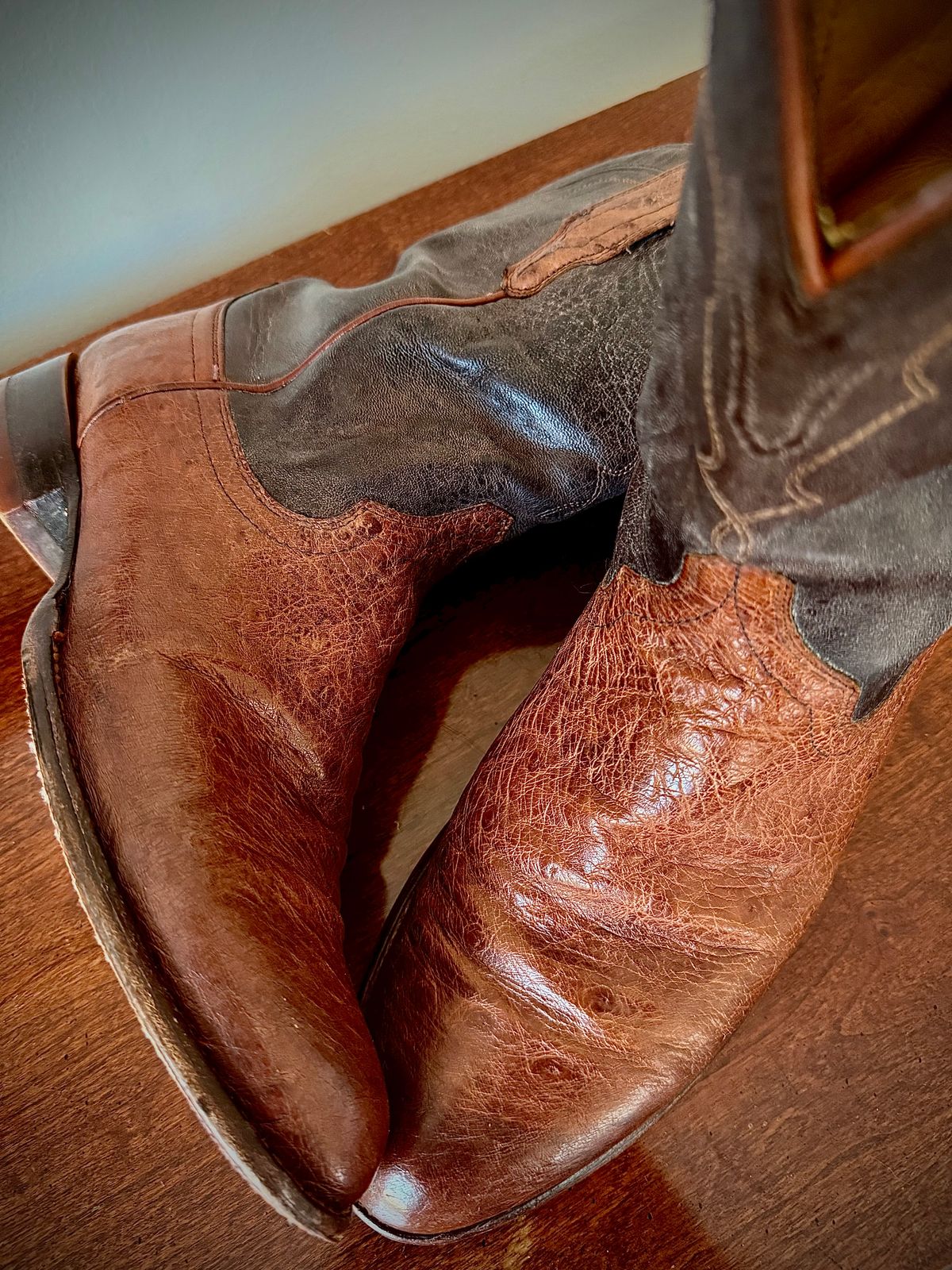 Photo by MaticEsq on October 25, 2025 of the Tecovas The Wade in Russet Smooth Ostrich & Scotch Goat.