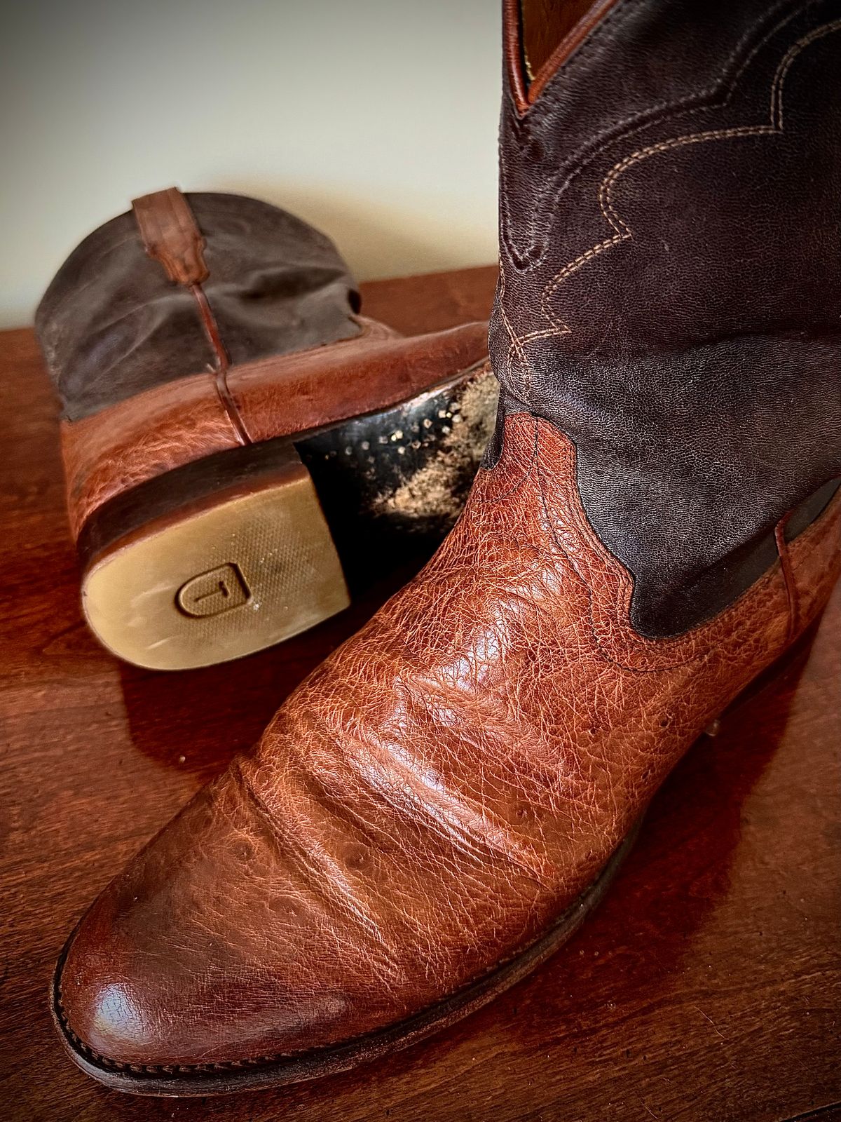 Photo by MaticEsq on November 12, 2025 of the Tecovas The Wade in Russet Smooth Ostrich & Scotch Goat.