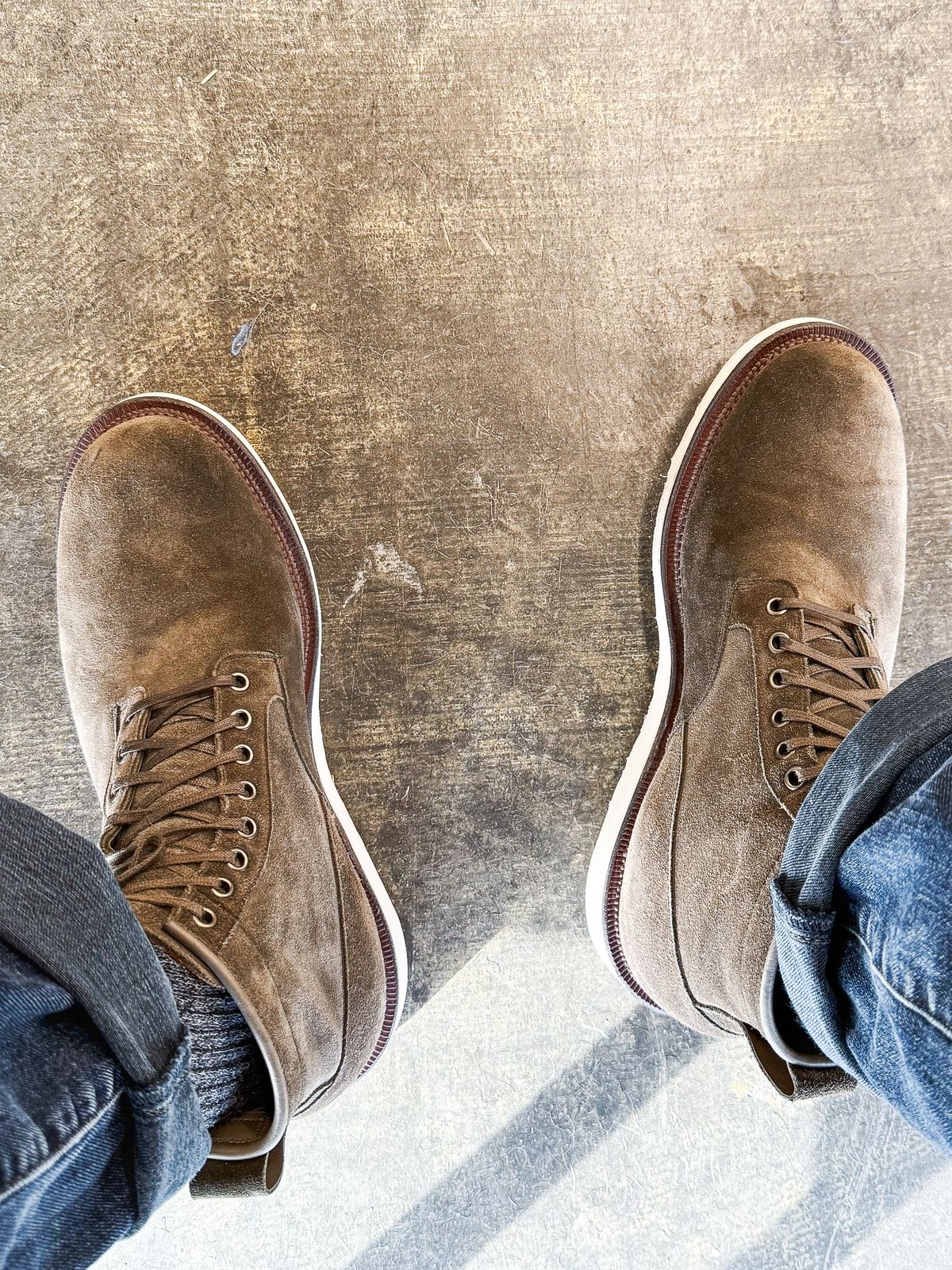 Photo by MaticEsq on May 1, 2026 of the Viberg Scout Boot in C.F. Stead Olive Janus Calf Suede.