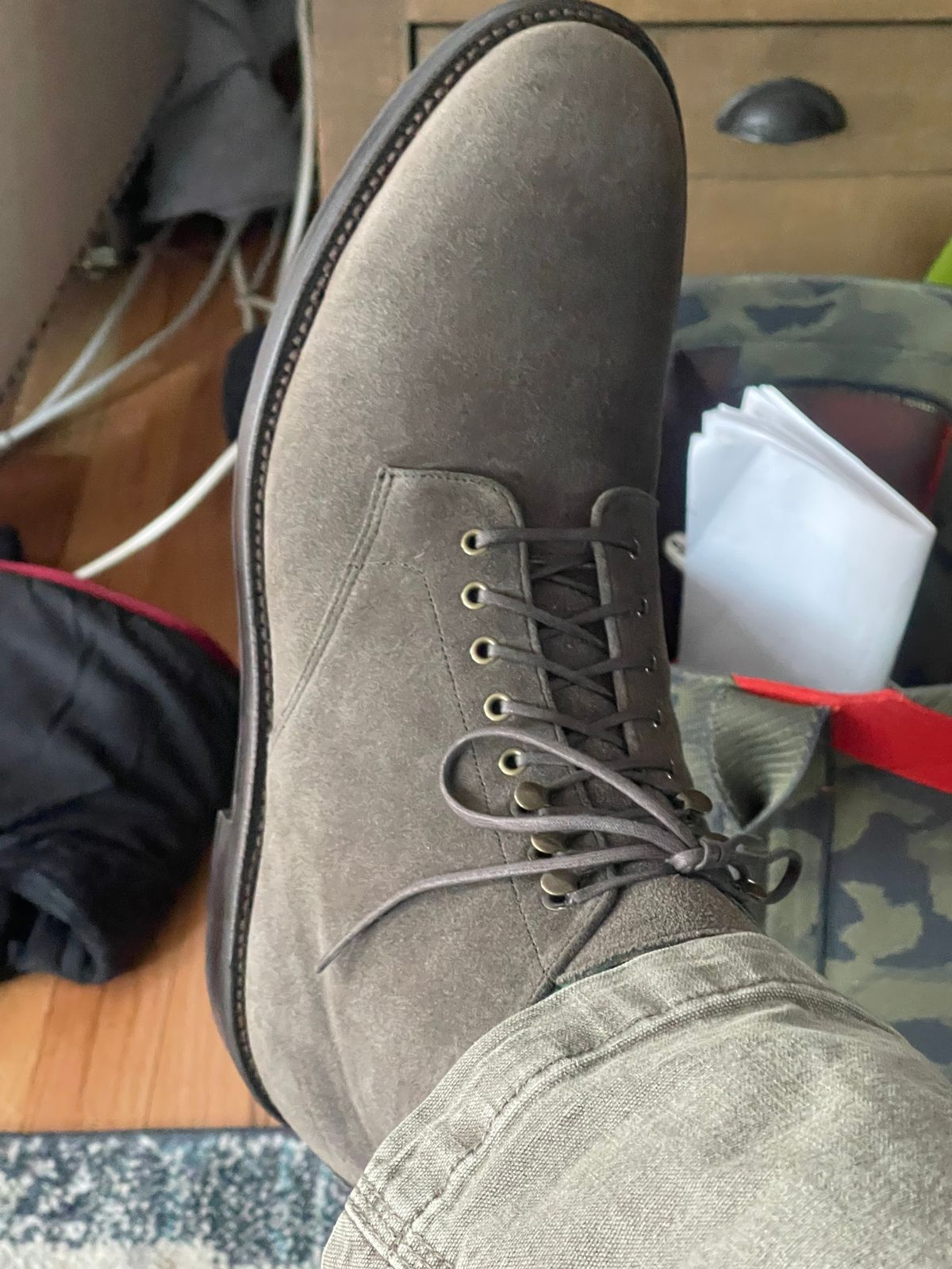 Photo by Riott on January 2, 2025 of the Grant Stone Edward Boot in C.F. Stead Loden Janus Calf Suede.
