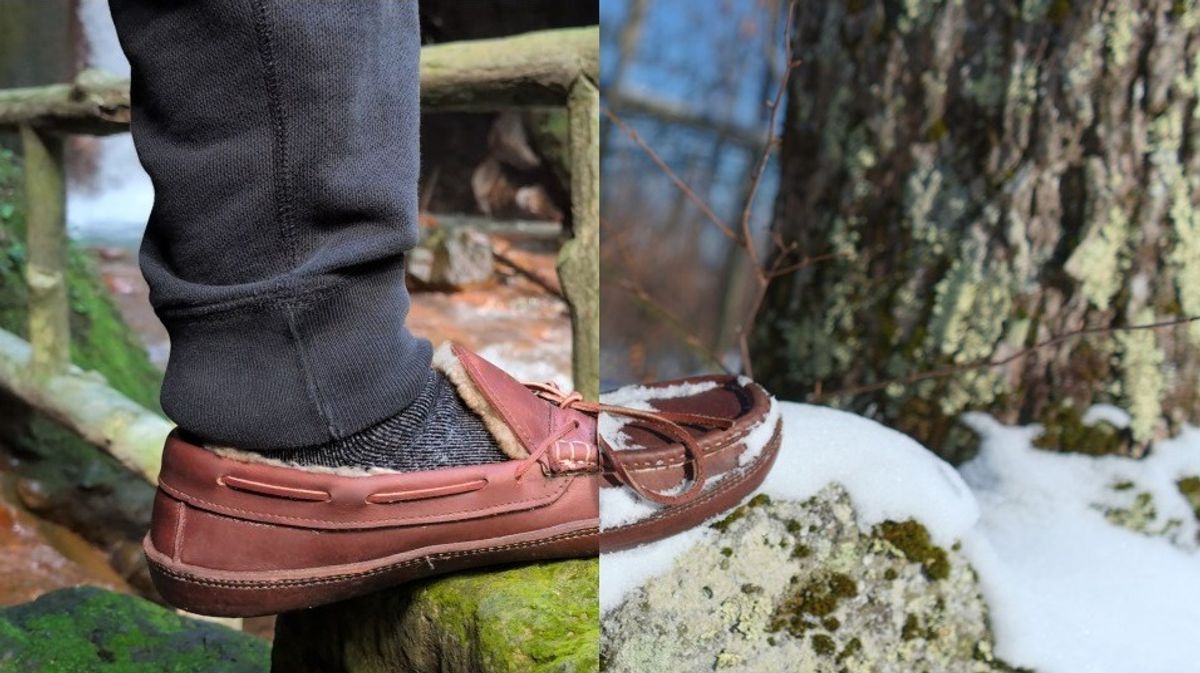 Photo by feetpics on December 5, 2025 of the Russell Moccasin Co. Shearling Oneida in Full-Grain Timberjack.