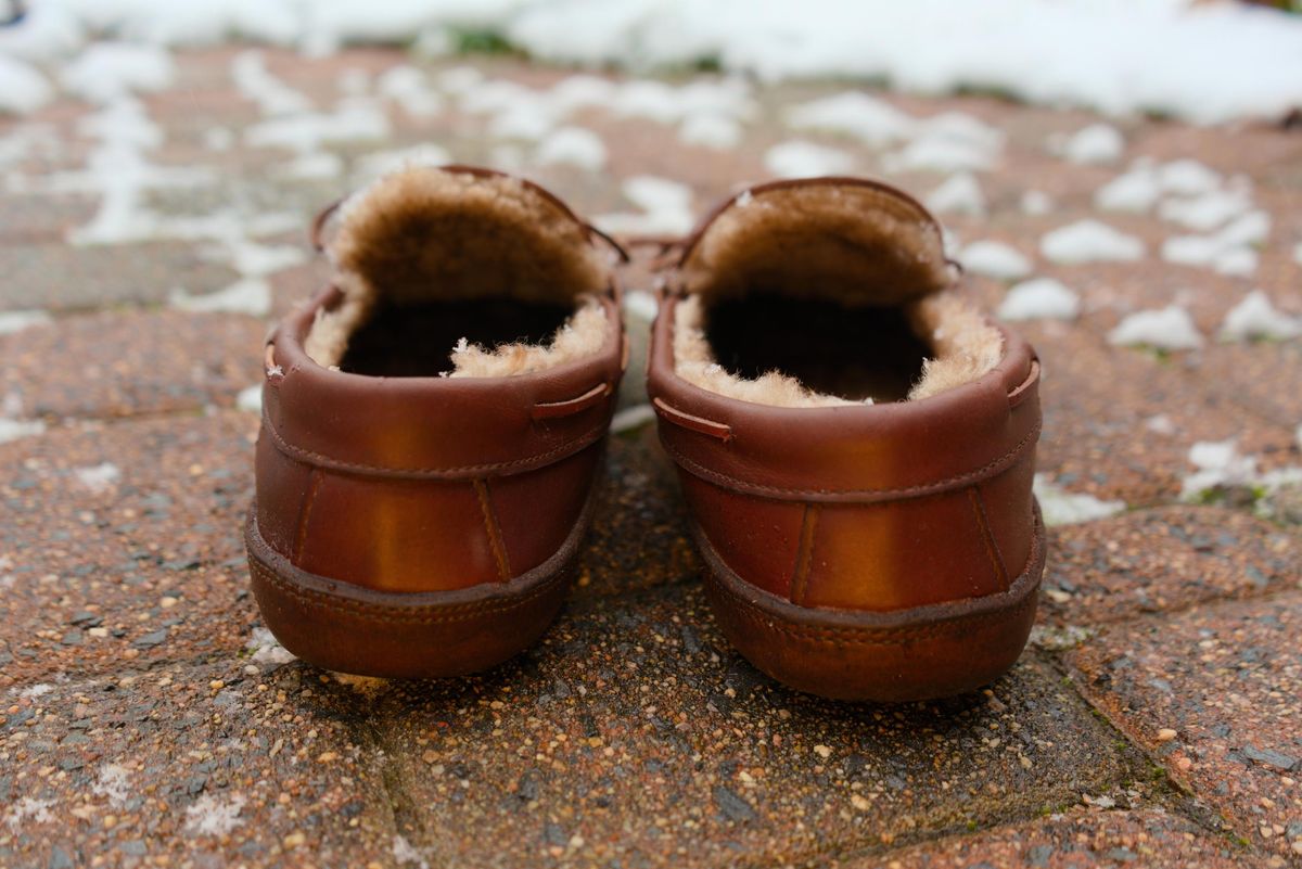 Photo by feetpics on December 5, 2025 of the Russell Moccasin Co. Shearling Oneida in Full-Grain Timberjack.