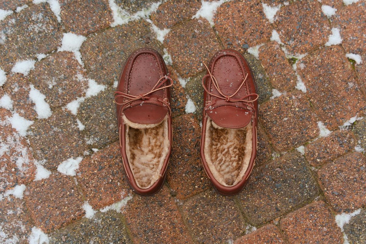 Photo by feetpics on December 5, 2025 of the Russell Moccasin Co. Shearling Oneida in Full-Grain Timberjack.