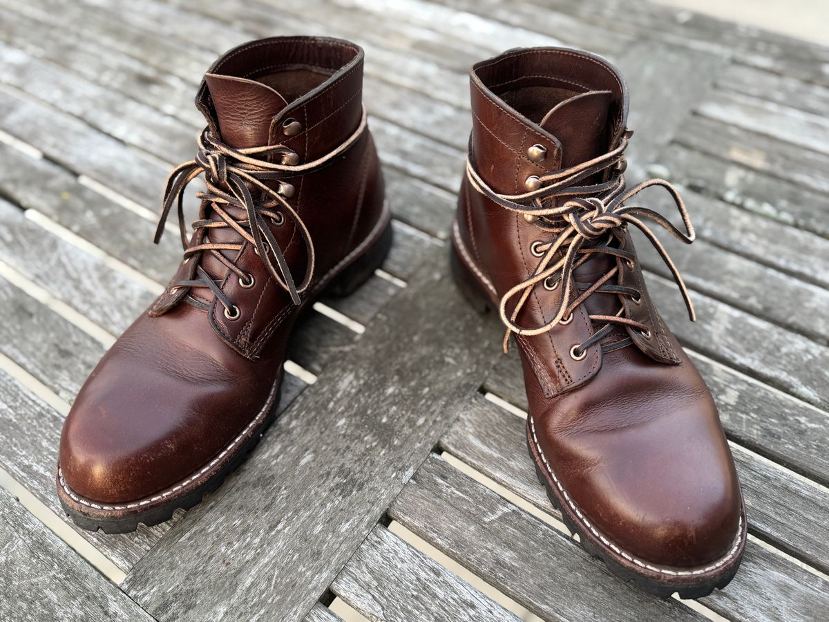 Photo by kleinknecht on September 16, 2024 of the Wolverine 1000 Mile Plain-Toe Rugged Boot in Horween Havana Brown Chromexcel.