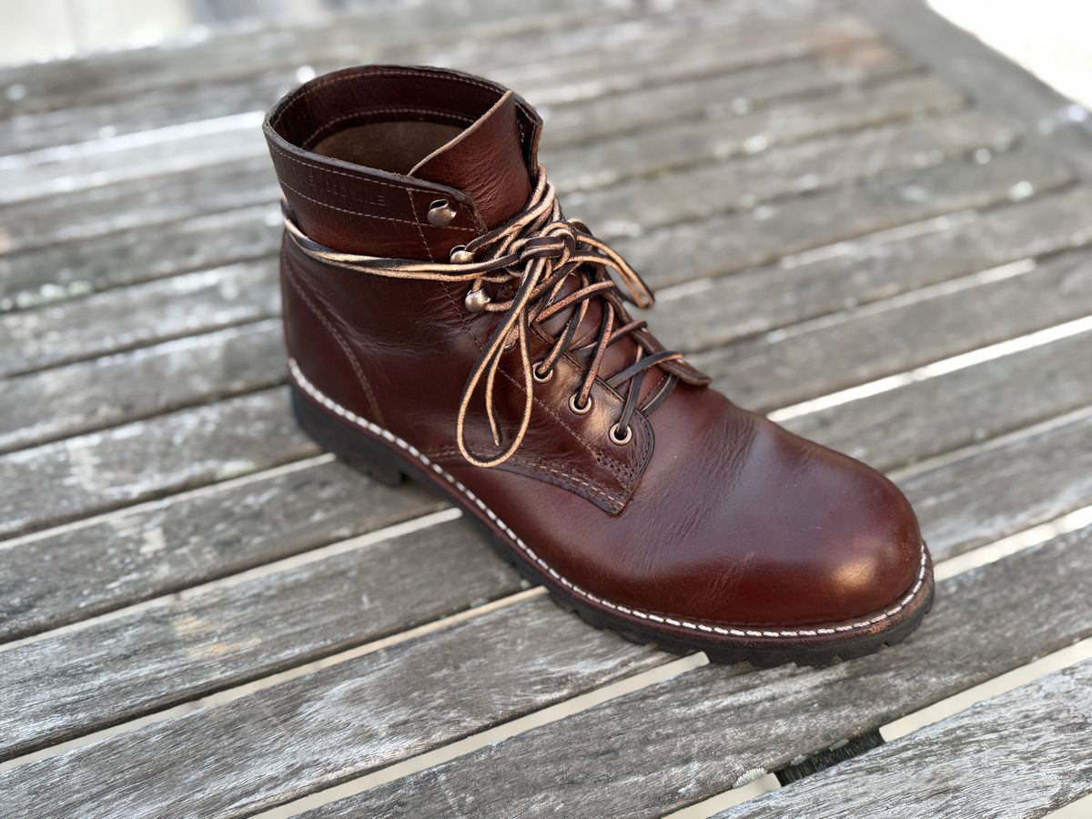 Photo by kleinknecht on September 16, 2024 of the Wolverine 1000 Mile Plain-Toe Rugged Boot in Horween Havana Brown Chromexcel.