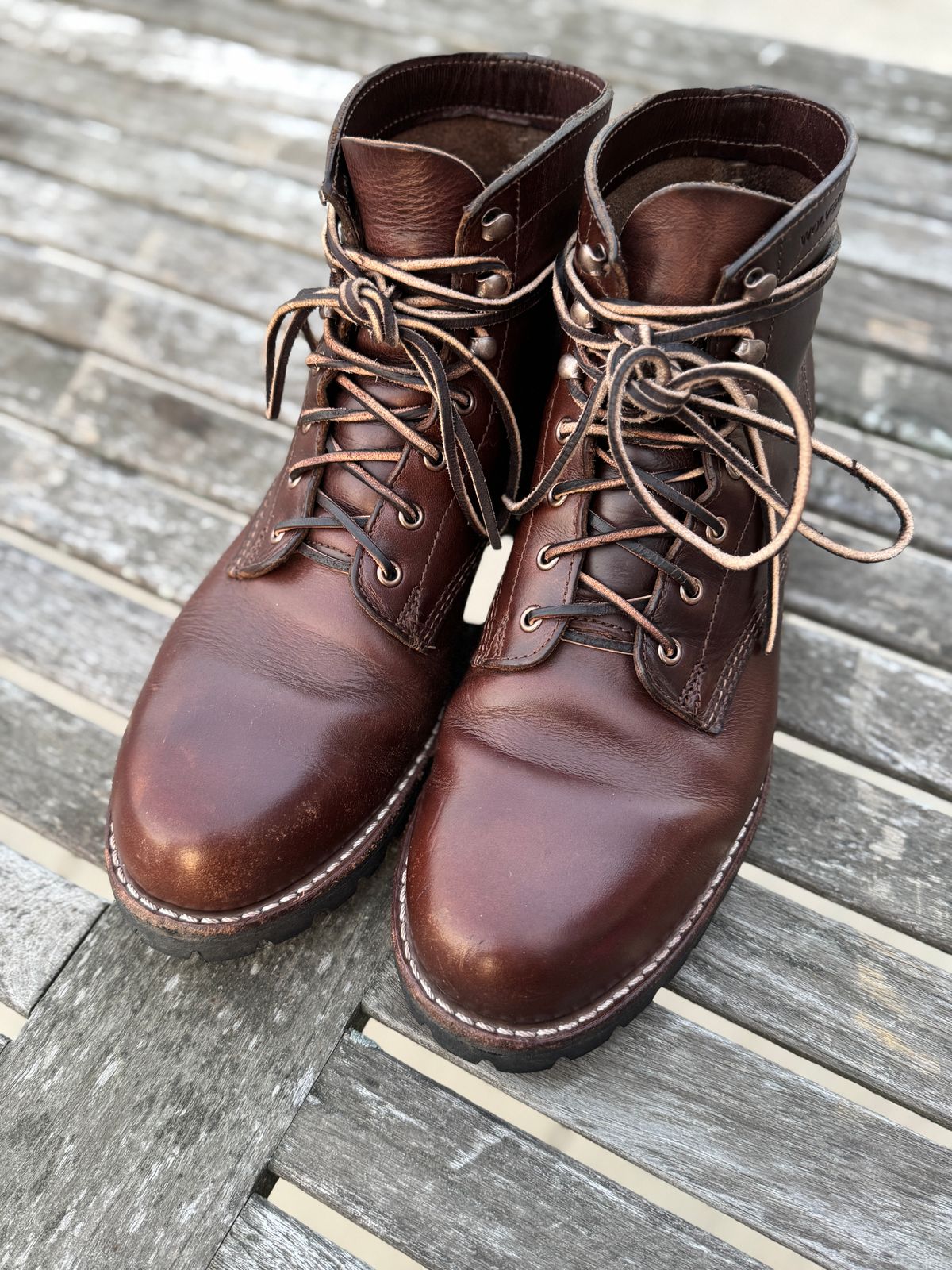 Photo by kleinknecht on September 16, 2024 of the Wolverine 1000 Mile Plain-Toe Rugged Boot in Horween Havana Brown Chromexcel.