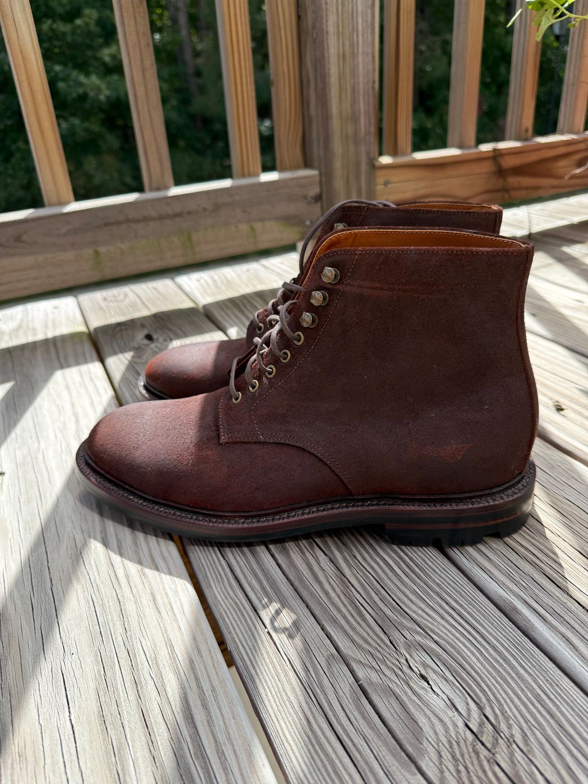 Photo by jingersoll on October 2, 2025 of the Grant Stone Edward Boot in C.F. Stead Dark Oak Roughout.