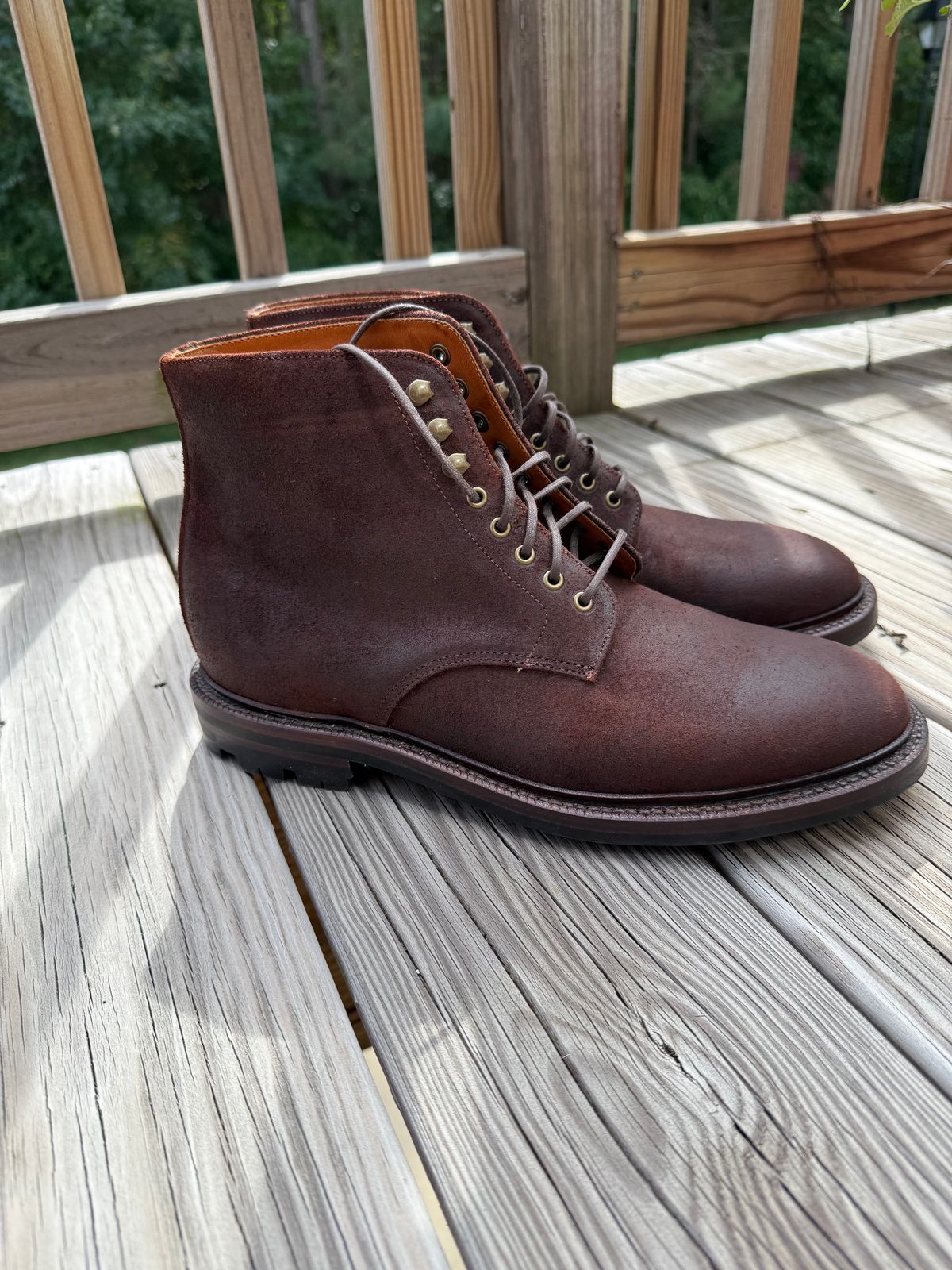 Photo by jingersoll on October 2, 2025 of the Grant Stone Edward Boot in C.F. Stead Dark Oak Roughout.