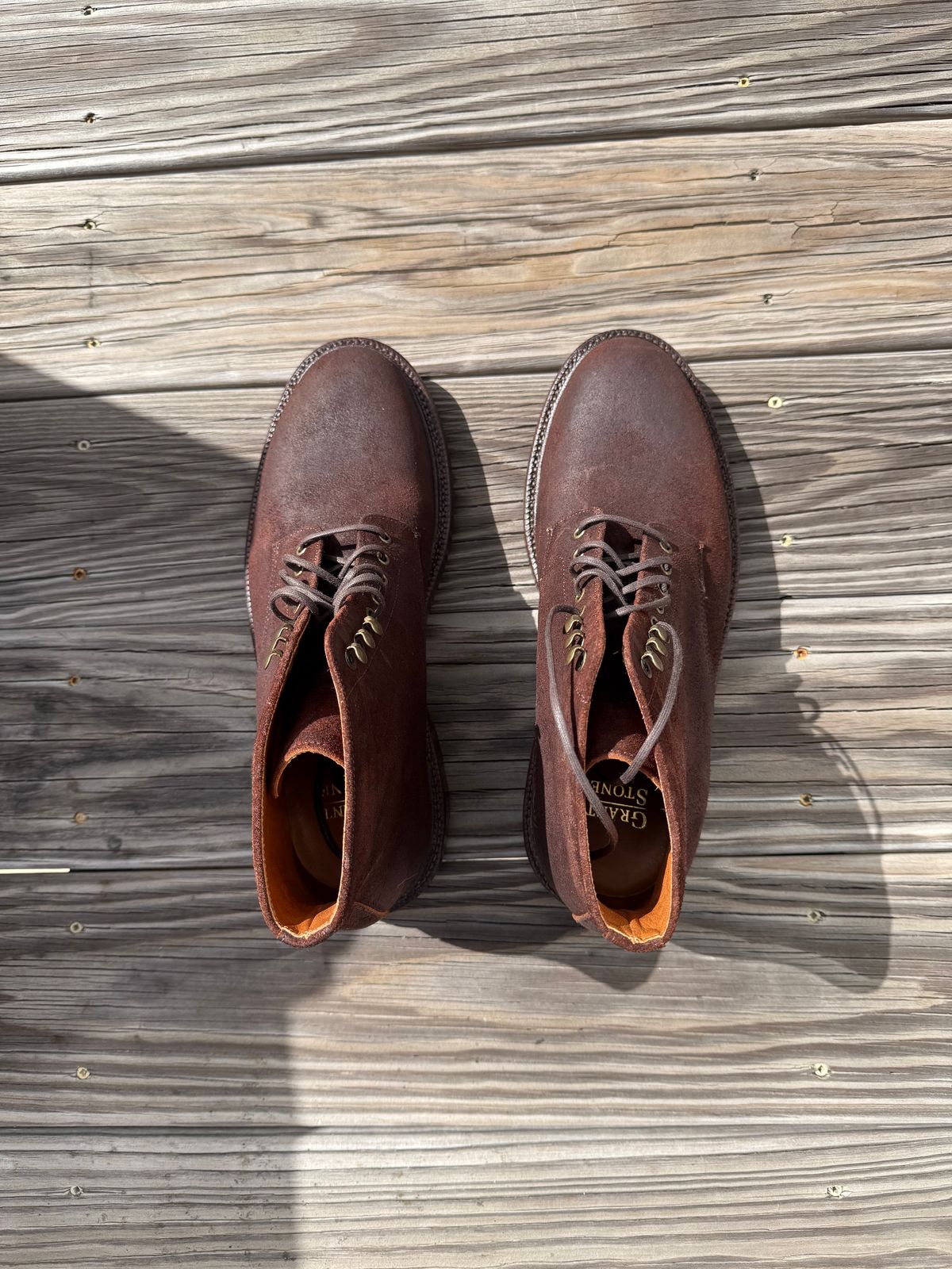 Photo by jingersoll on October 2, 2025 of the Grant Stone Edward Boot in C.F. Stead Dark Oak Roughout.