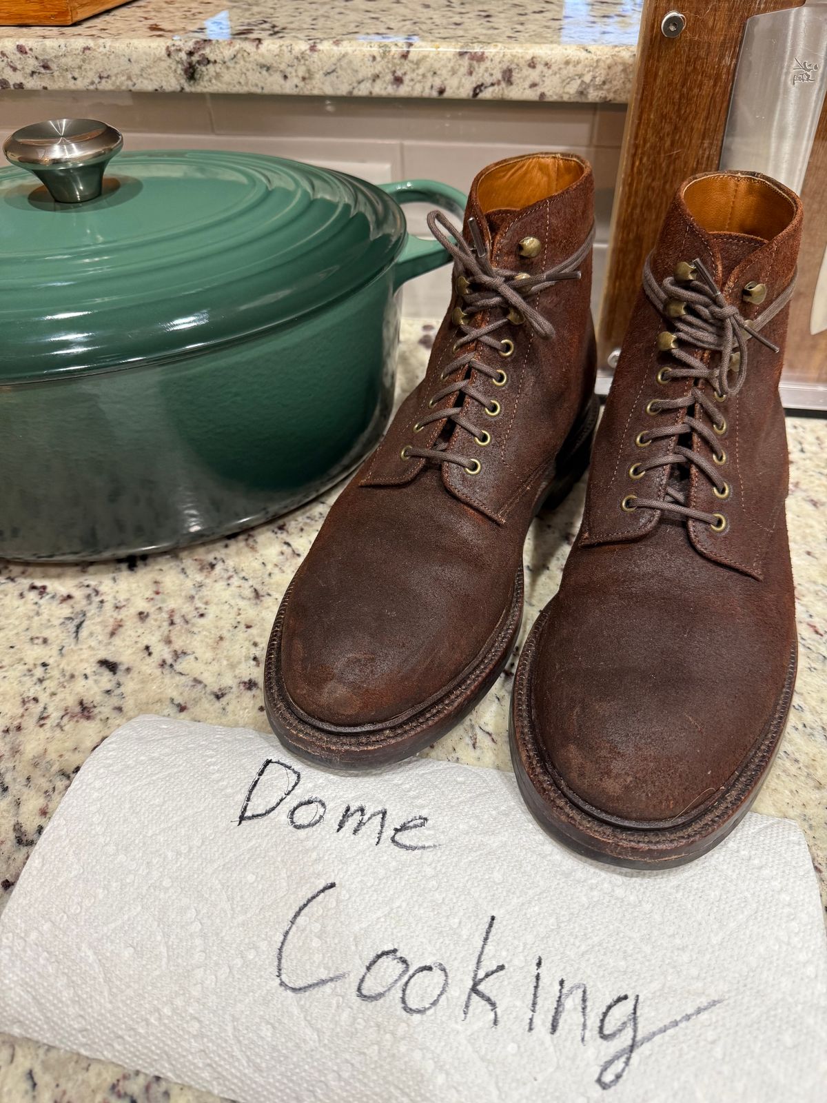 Photo by jingersoll on November 5, 2025 of the Grant Stone Edward Boot in C.F. Stead Dark Oak Roughout.