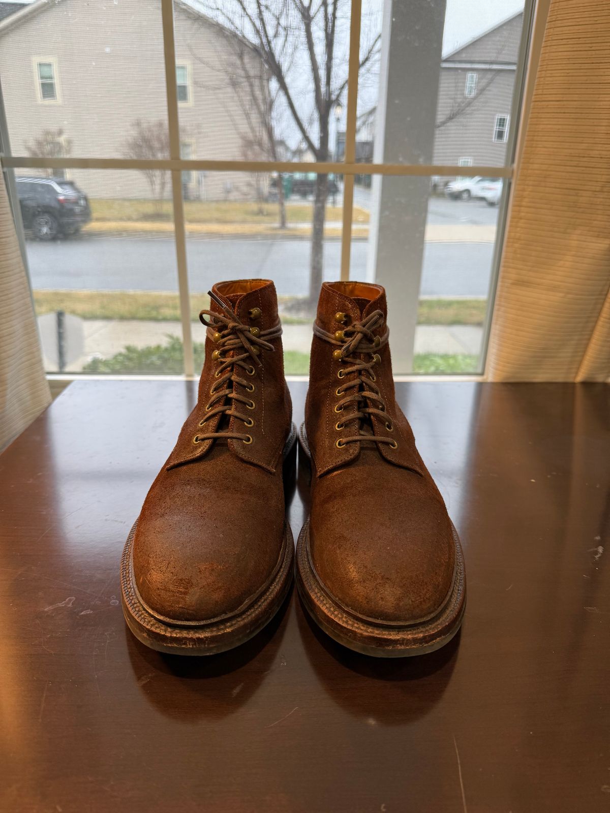Photo by jingersoll on December 5, 2025 of the Grant Stone Edward Boot in C.F. Stead Dark Oak Roughout.