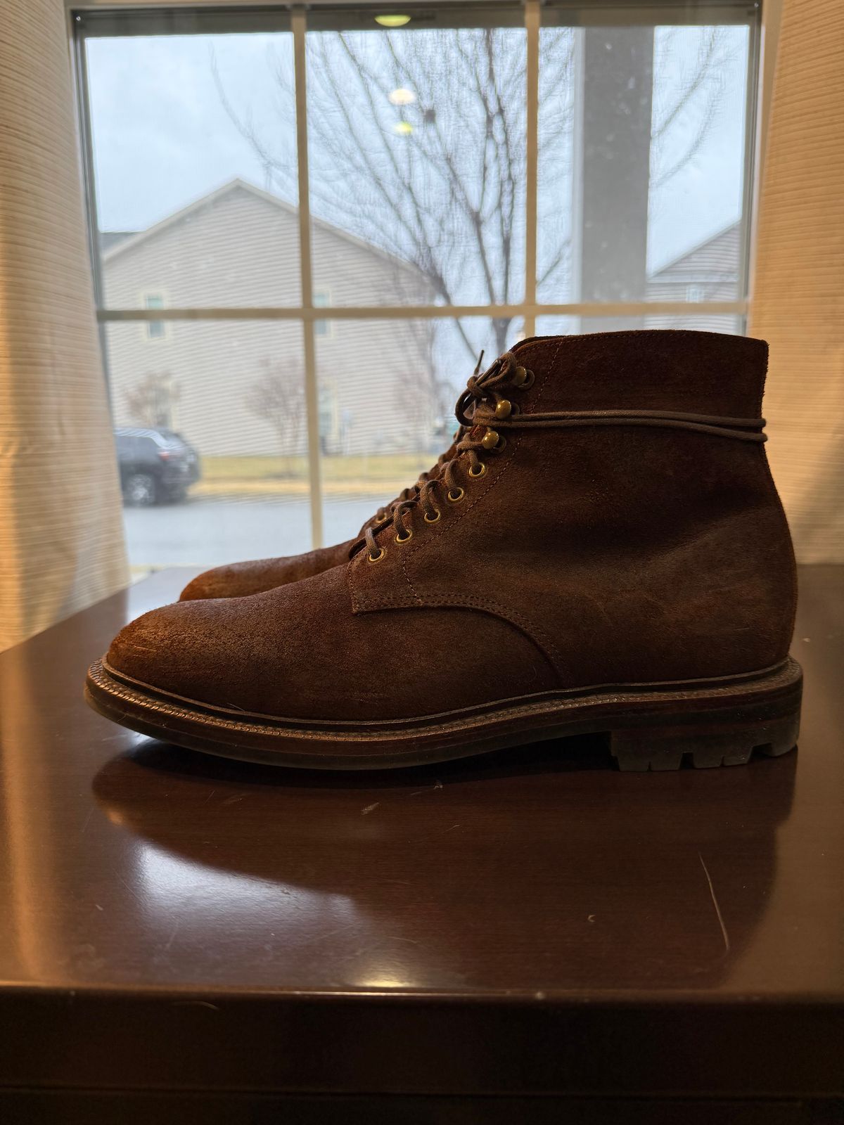 Photo by jingersoll on December 5, 2025 of the Grant Stone Edward Boot in C.F. Stead Dark Oak Roughout.