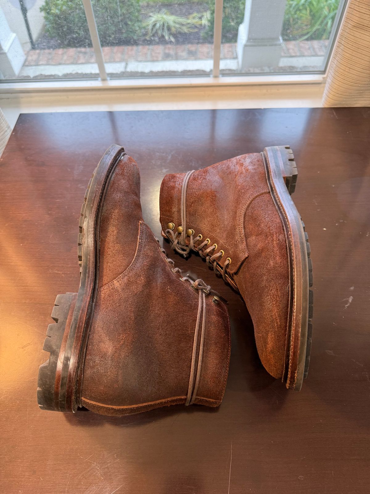 Photo by jingersoll on December 5, 2025 of the Grant Stone Edward Boot in C.F. Stead Dark Oak Roughout.