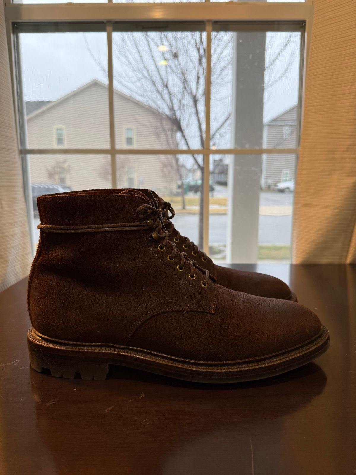 Photo by jingersoll on December 5, 2025 of the Grant Stone Edward Boot in C.F. Stead Dark Oak Roughout.