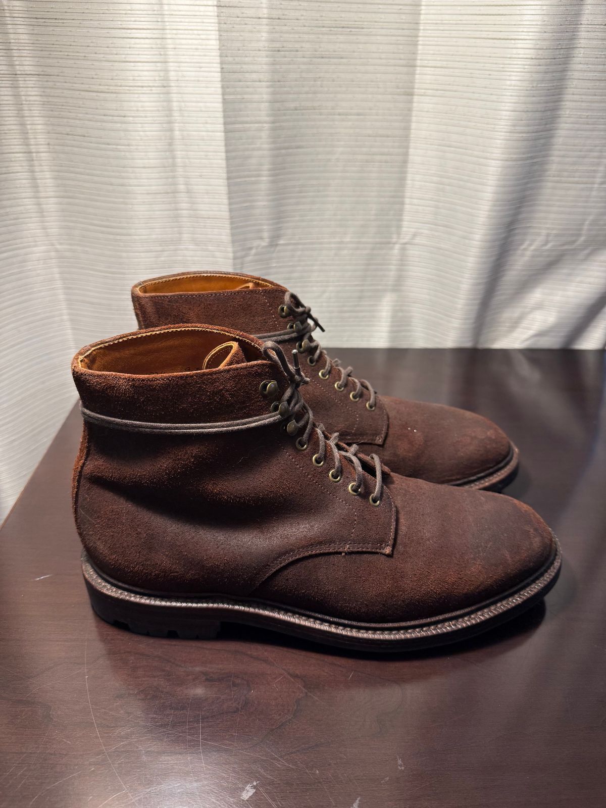 Photo by jingersoll on January 5, 2026 of the Grant Stone Edward Boot in C.F. Stead Dark Oak Roughout.